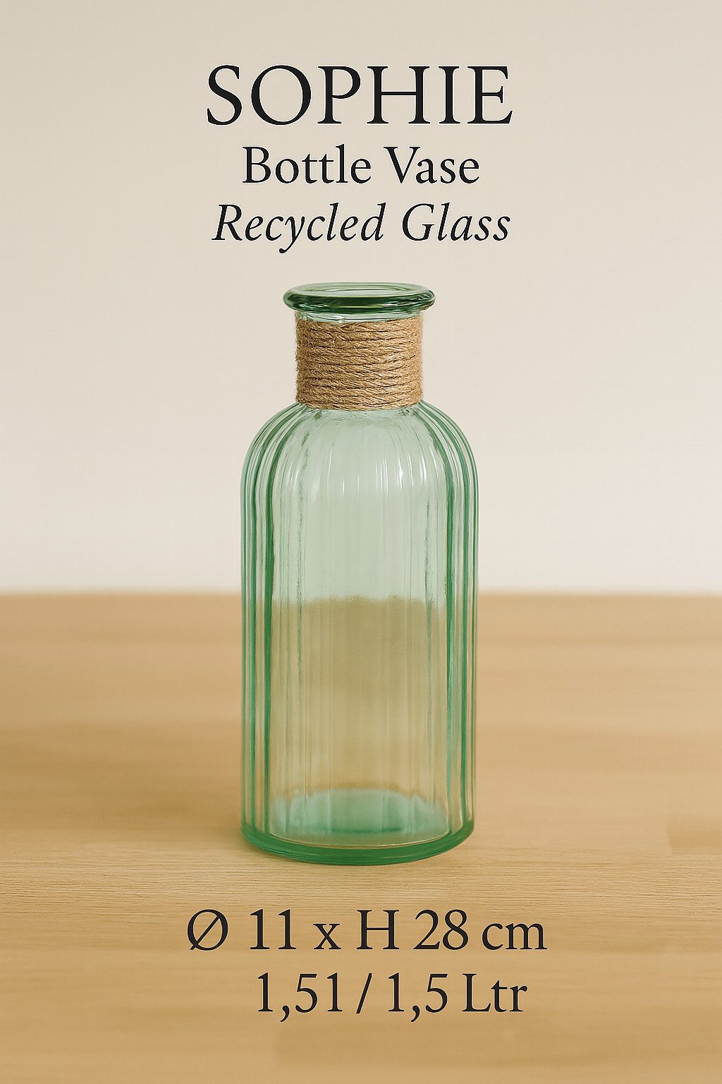 WestCraft Tischvase Flaschenvase SOPHIE aus recyceltem Glas, grün, Bottle Vase, Dekovase aus Grünglas mit Jute-Seil – in verschiedenen Größen