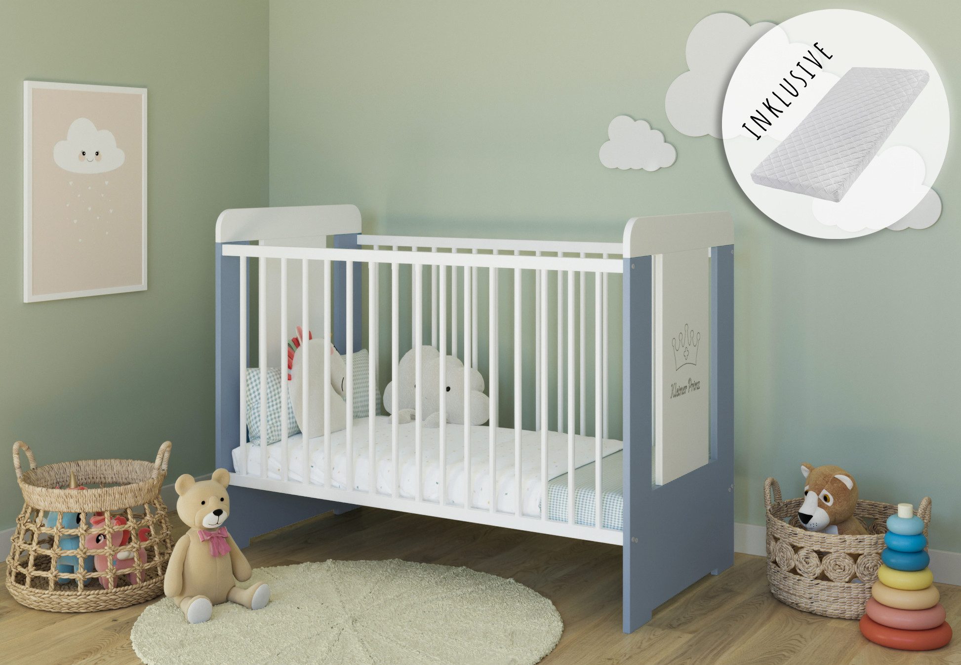 Babybett Gitterbett höhenverstellbar, herausnehmbare Sprossen