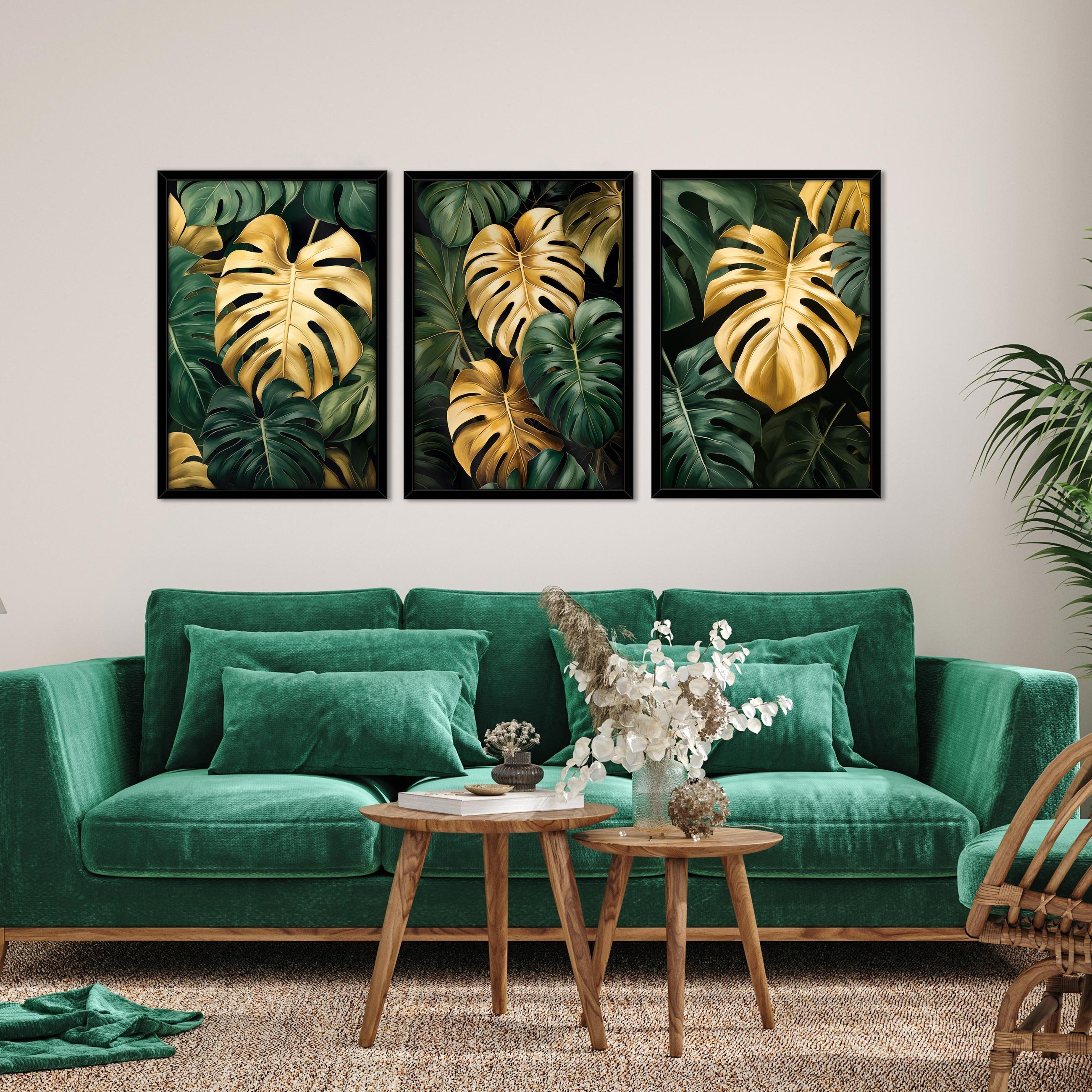 Wallarena Poster Bilder SET mit Rahmen Wand Deko Wohnzimmer Schlafzimmer Wandbilder, Monstera Blätter Poster Bild (Set 3 teilig, 3 St), Bilder Set Mit Rahmen Poster Wandbild Wand Dekoration 3 x 30x40 cm