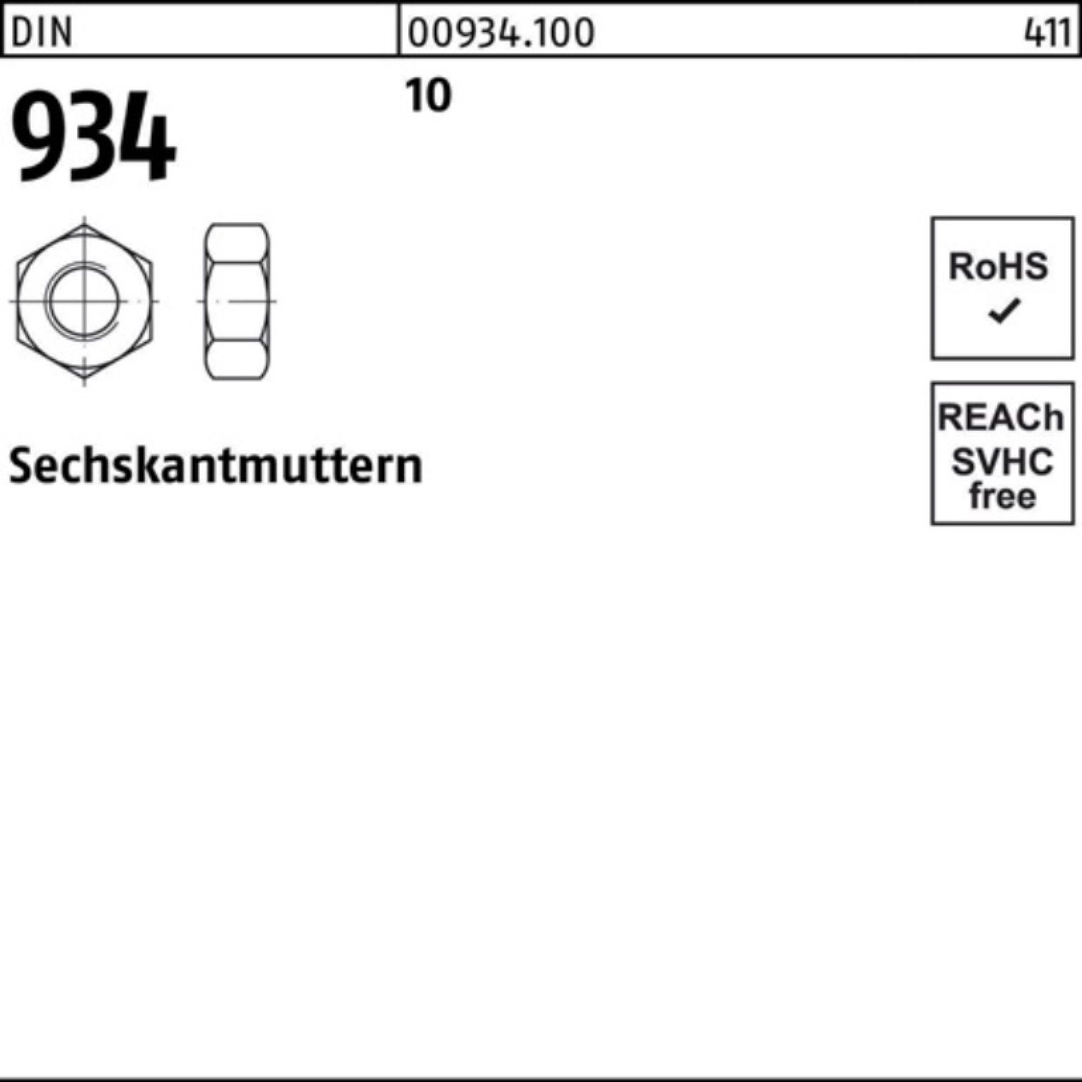 DIN M39 934 Muttern 100er DIN 934 Reyher 10 Sechskan 10 Pack 1 Stück Sechskantmutter