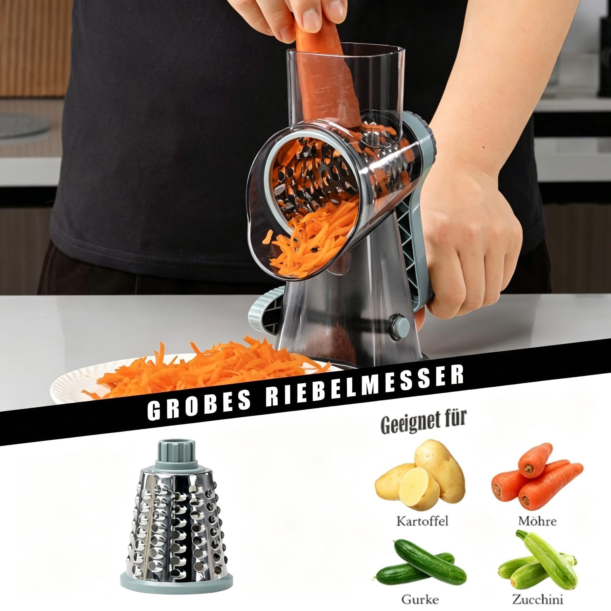 wohnTRAUM24 Gemüsehobel 3-in-1 Rotations-Käsereibe, manueller Gemüsehobel mit starkem Saugfuß, (Zubehör‑Set für Küche, 3‑in‑1 Set mit 3 Aufsätzen), Trommelreibe – Bild 3 von 5