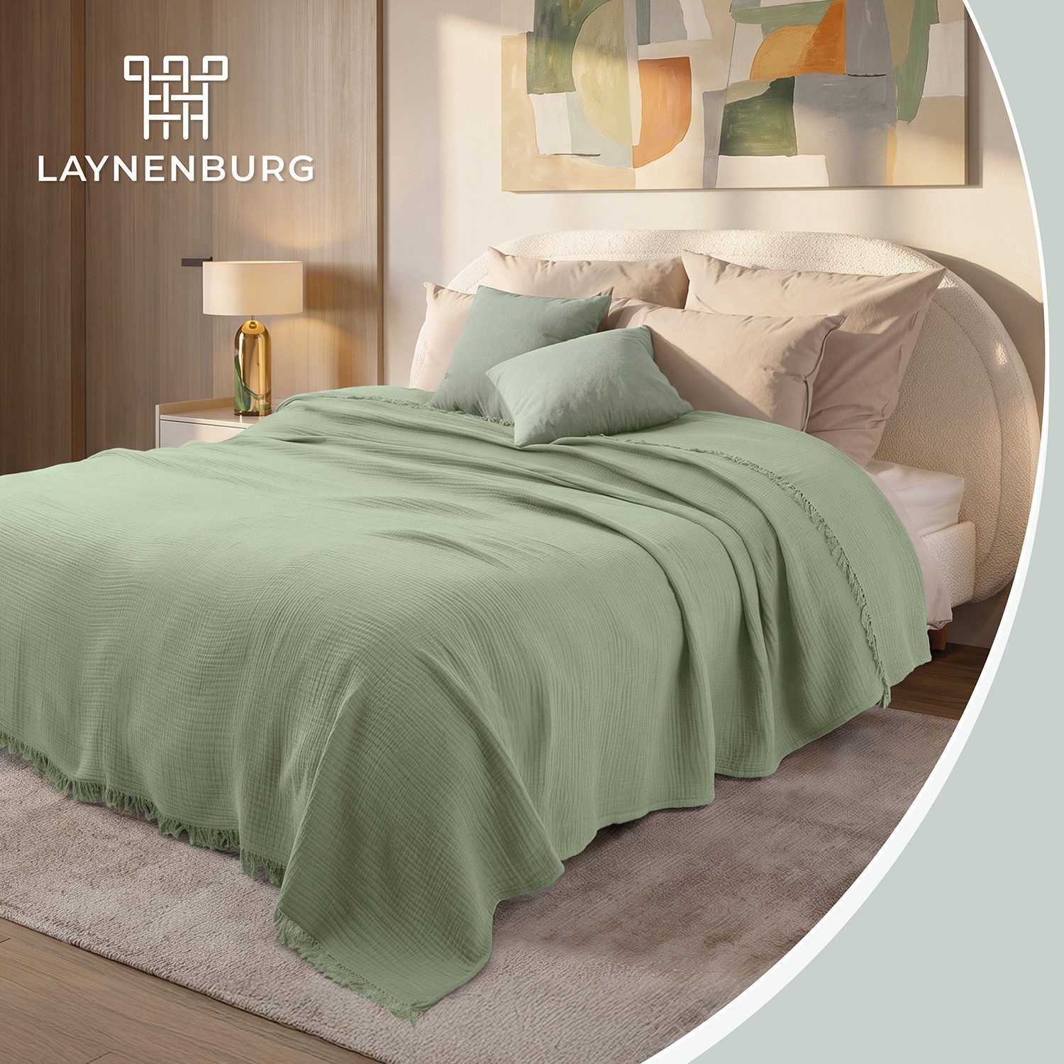 Laynenburg Tagesdecke Musselin mit Fransen aus 100% Baumwolle – Baumwolldecke, Wohndecke als Sommerdecke, Bett-Überwurf, Sofa-Decke, Kuscheldecke