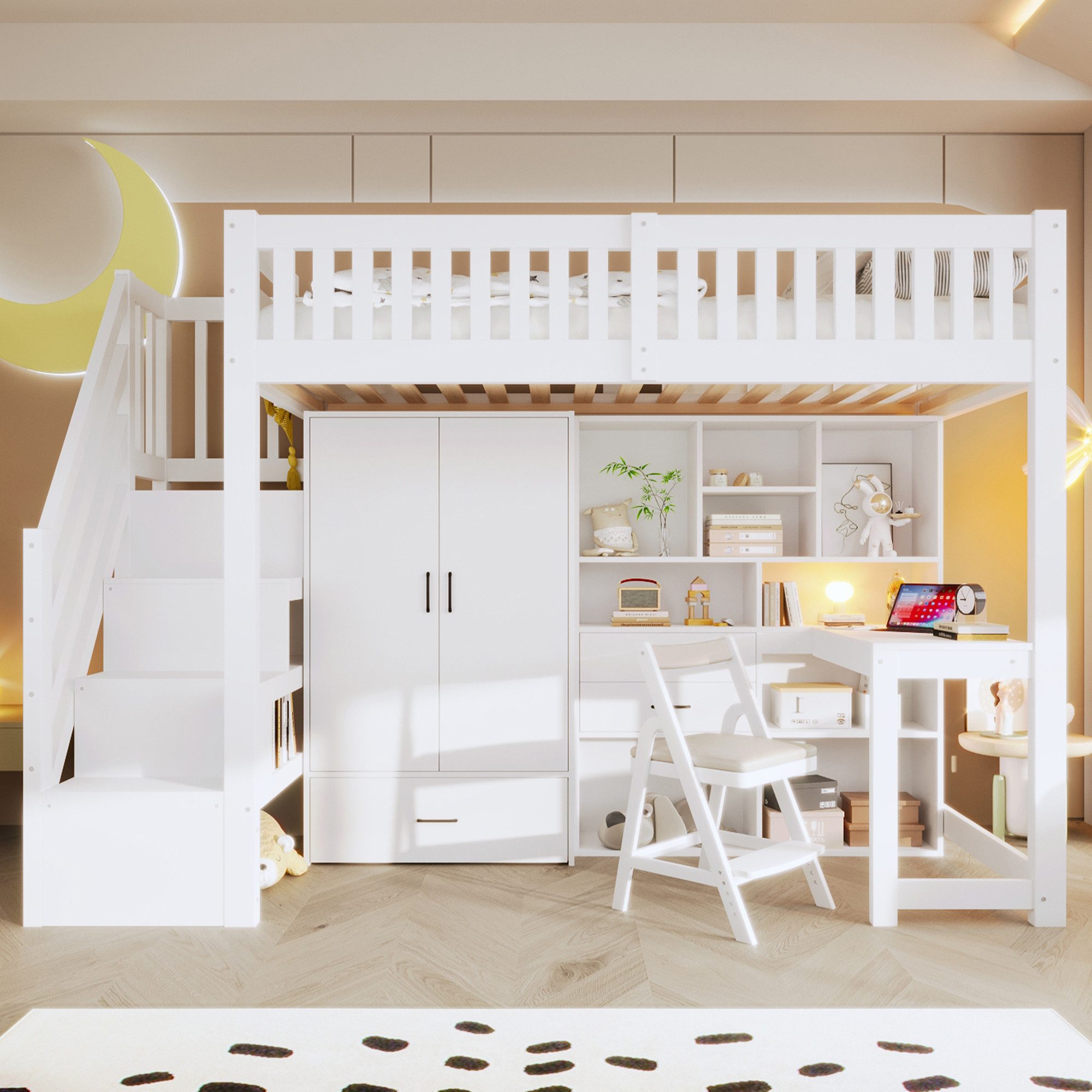 Odikalo Hochbett Kinderbett 90x200 mit Schreibtisch und Großer Stauraum (Hochbett, 90x200cm, Ablageleiter, Kleiderschrank, Schreibtisch, Schubladen, Staufächer, Ohne Matratze, Weiß)