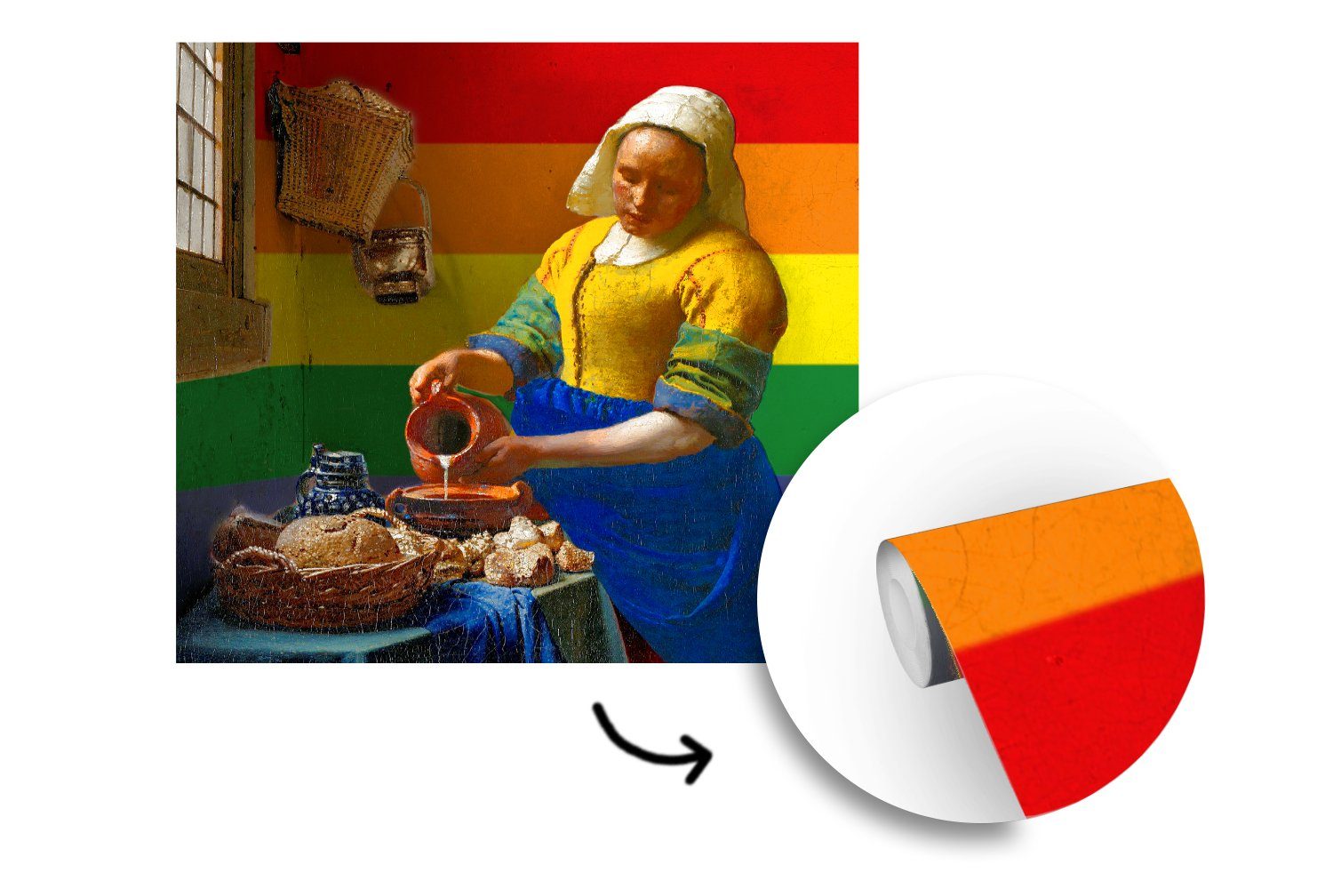 Küche, Flagge Vermeer bedruckt, Wohnzimmer - Fototapete für Vliestapete Milchmädchen Stolzes, - St), des MuchoWow Fototapete Matt, Schlafzimmer (4