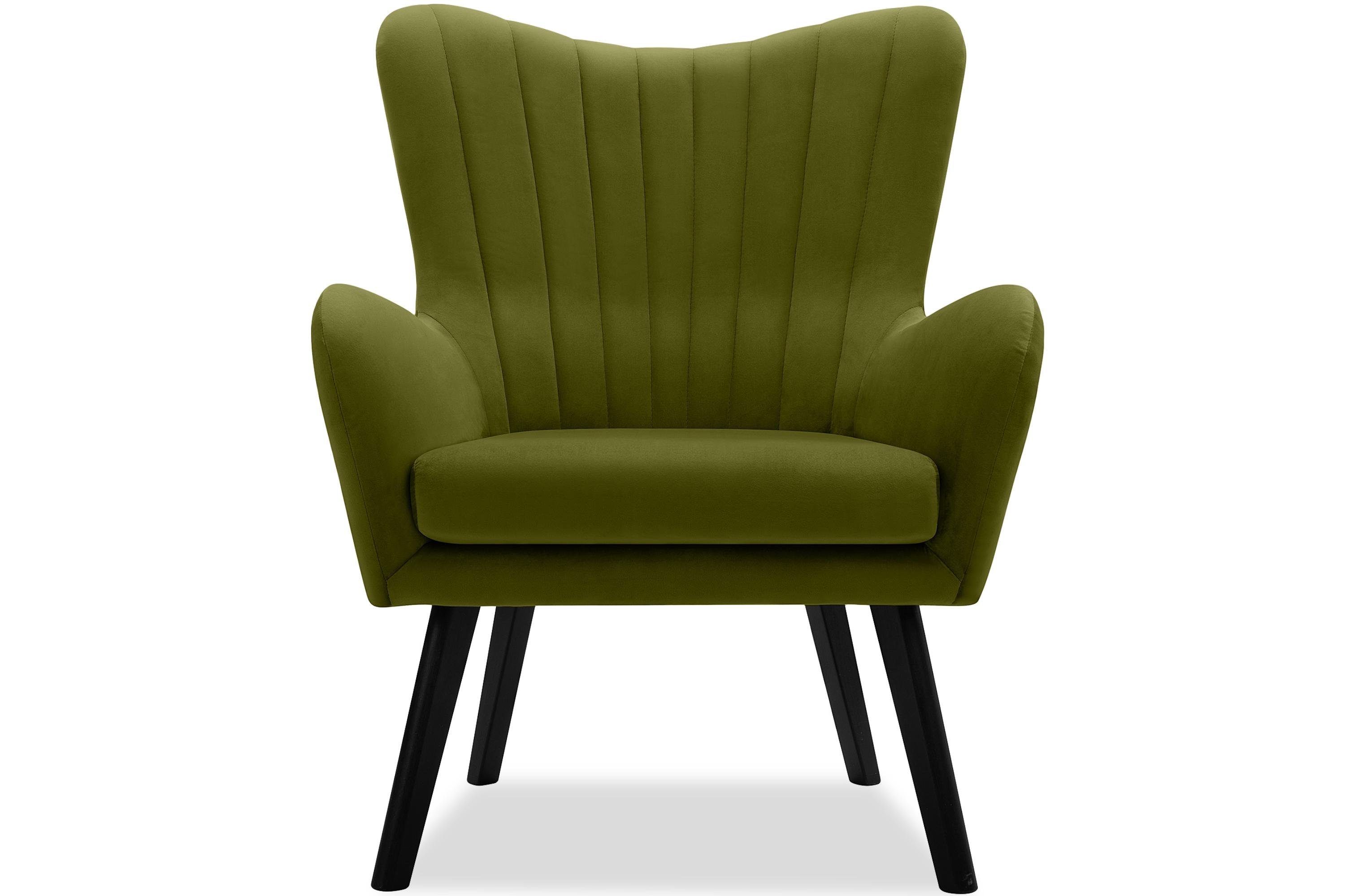 Sitz, Konsimo lackierte Holzbeine GADI, olivgrün Ohrensessel Schwarz olivgrün im PUR-Schaum Velourstoff, |