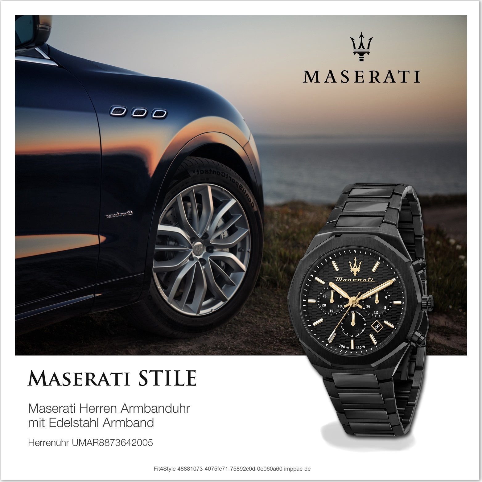 Edelstahlarmband, rundes (ca. MASERATI groß schwarz Maserati Armband-Uhr, 45mm) Gehäuse, Chronograph Herrenuhr Edelstahl