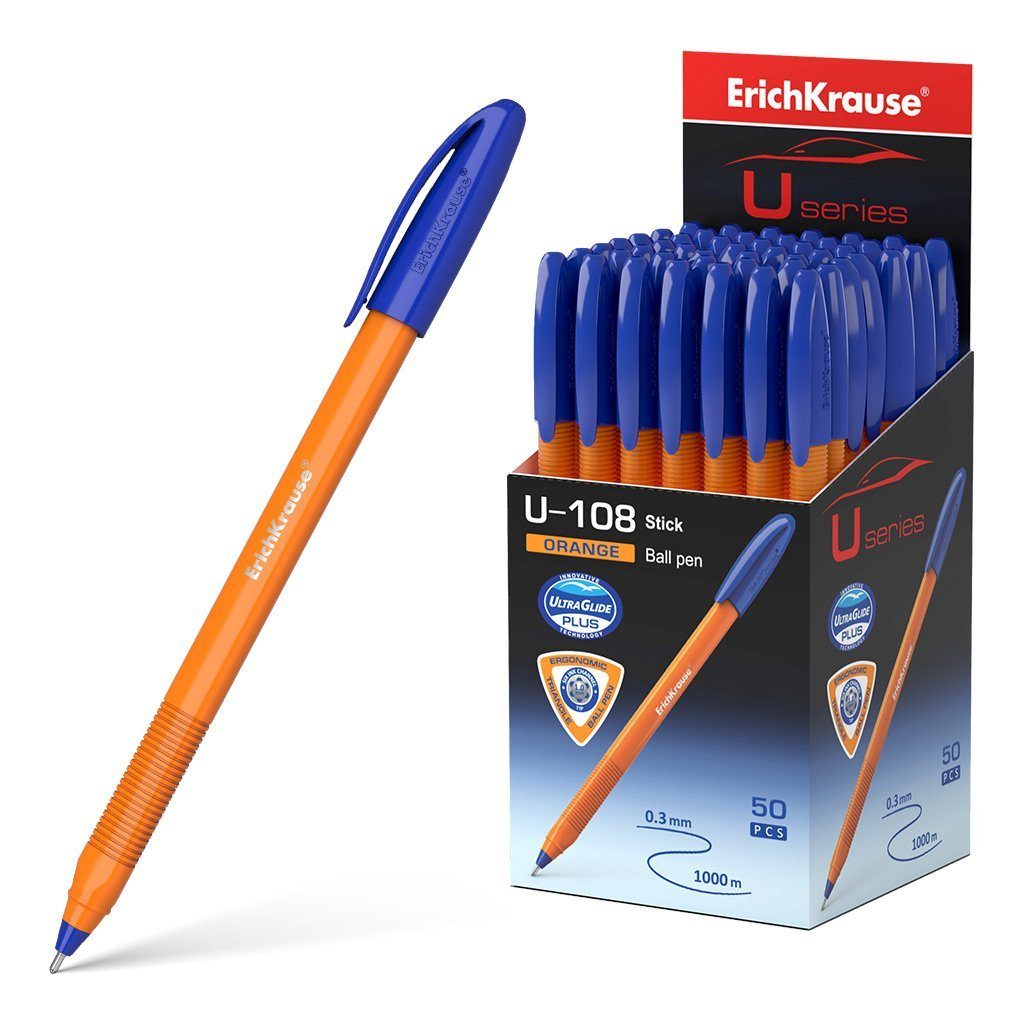 Erich Krause Kugelschreiber, Kugelschreiber U-109 Orange Stick 1.0 Gummi Grip 50er Pack Tinte Blau