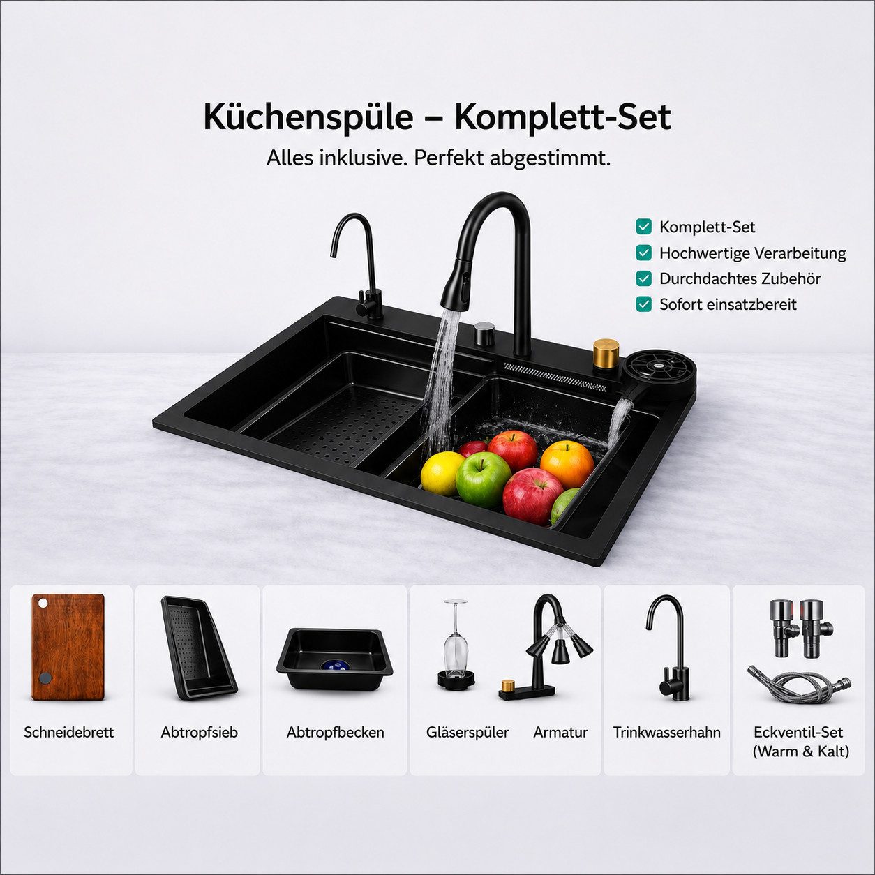 Faizee Home Edelstahlspüle Faizee Home Edelstahlspüle Premium, Wasserfall Armatur Set