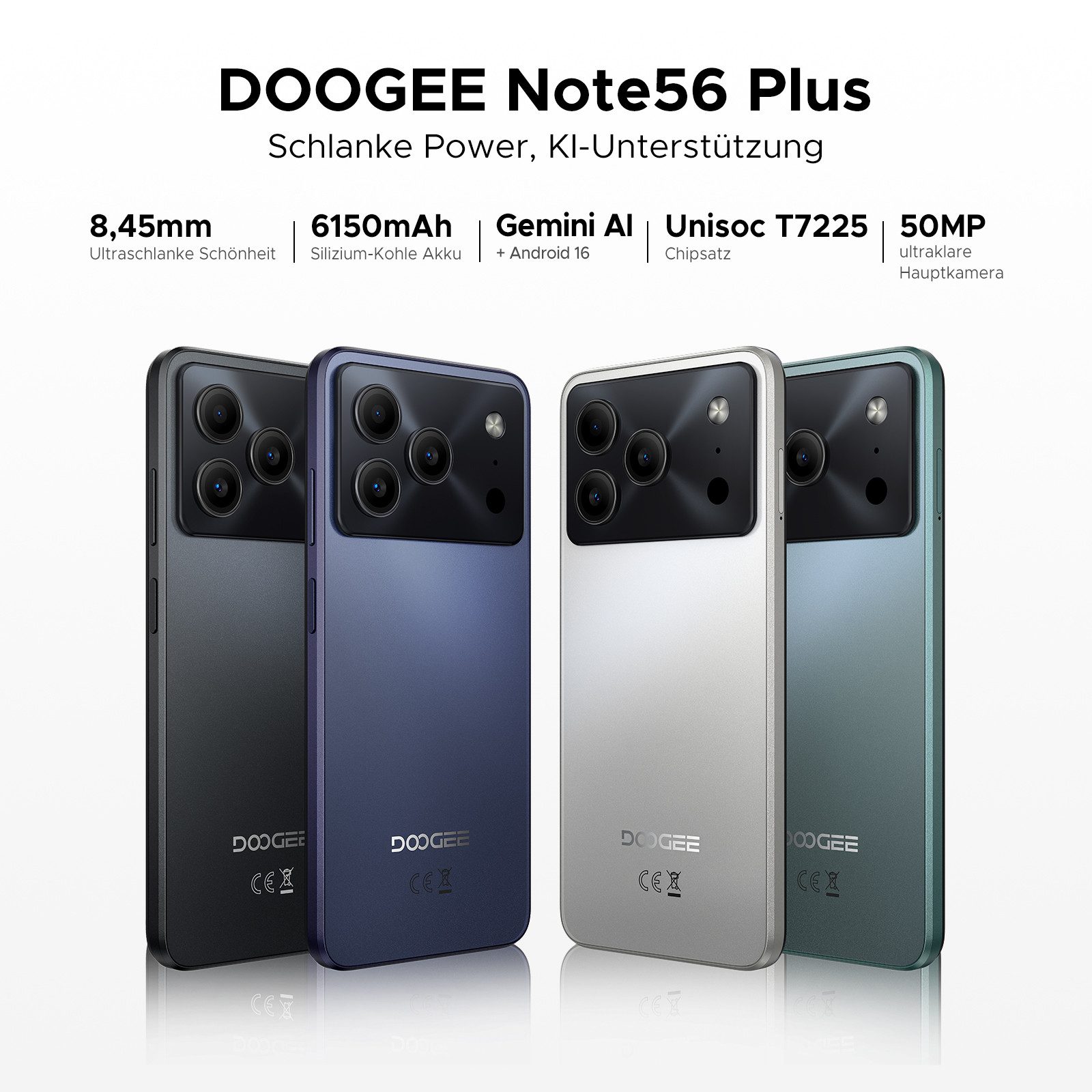 DOOGEE NOTE 56 PLUS Android 16, 48GB RAM (6 + 42GB erweitert)+256GB 6.56" HD+ Smartphone (16,6 cm/6,56 Zoll, 256 GB Speicherplatz, 50 MP Kamera, 50MP AI Kamera, 6150mAh Akku, 90Hz Display, NFC & Fingerabdruck)