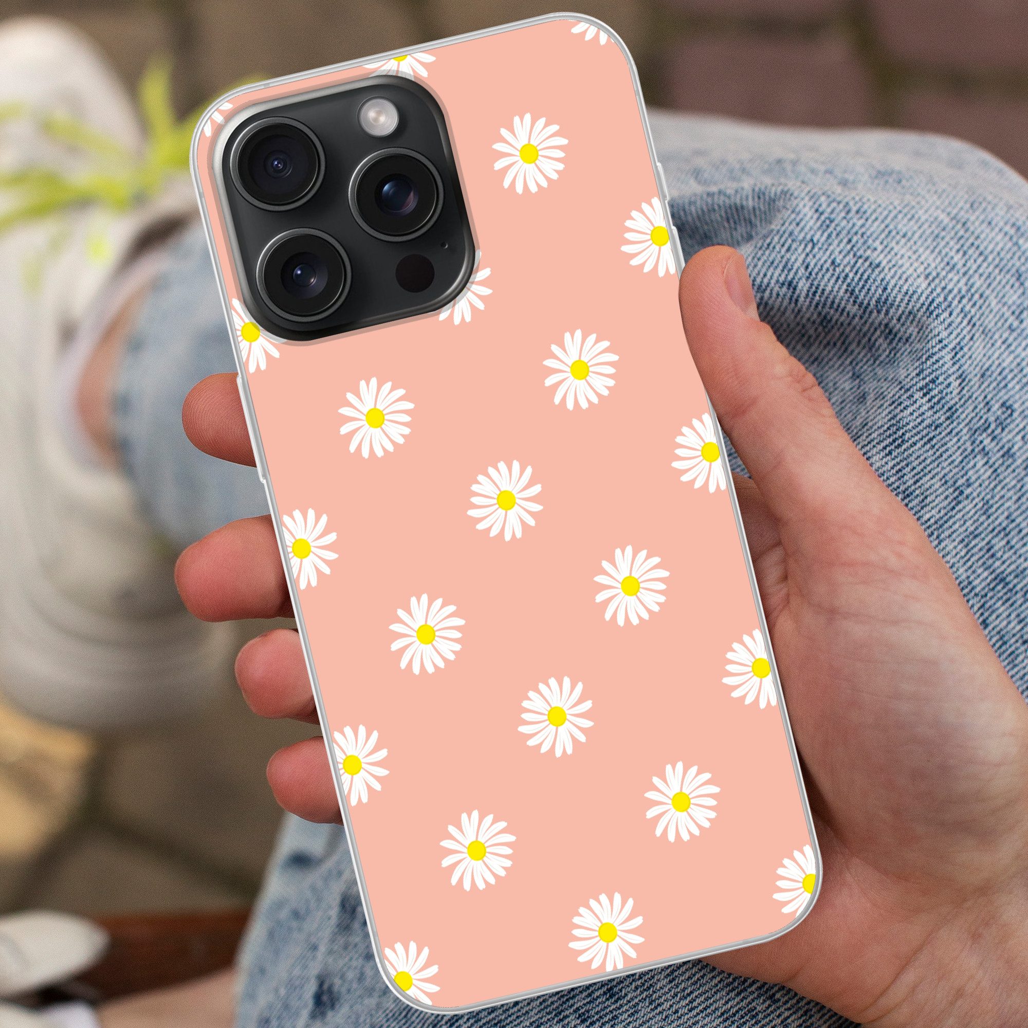 MuchoWow Handyhülle für Apple iPhone 15 Pro Max Gänseblümchen - Pastell - Weiß - Rosa - Bl, Smartphone-Bumper, Print, Handy Schutzhülle Dünn