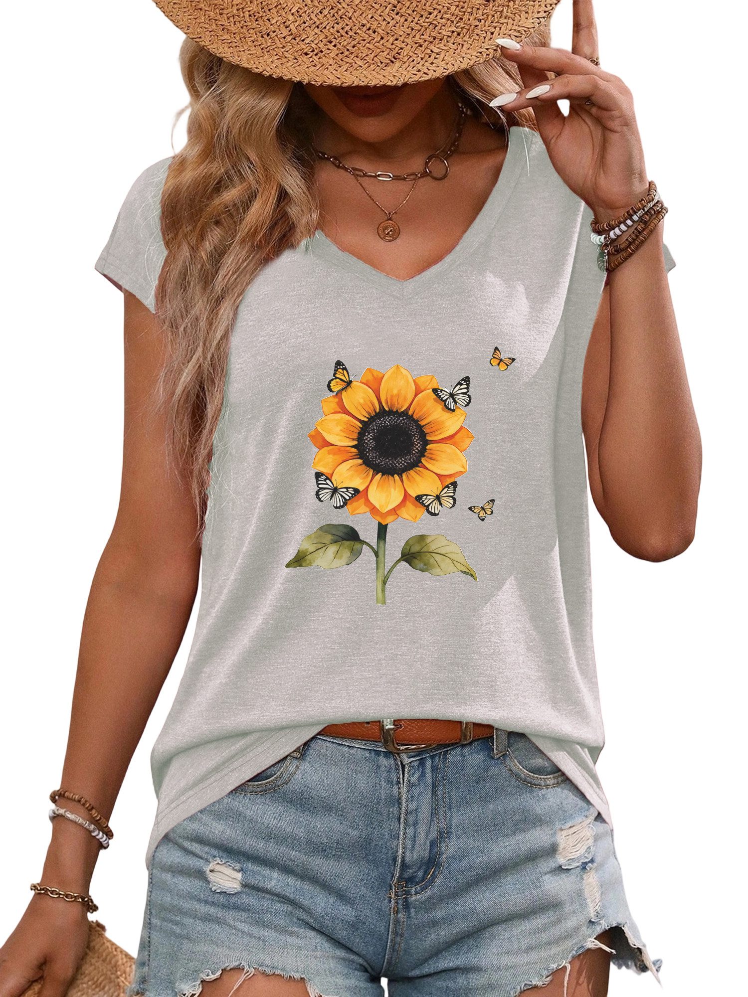 PYLIKE V-Shirt Bequemes Shirt Damen Ärmellos Basic-Shirt mit Sonnenblume Pr günstig online kaufen