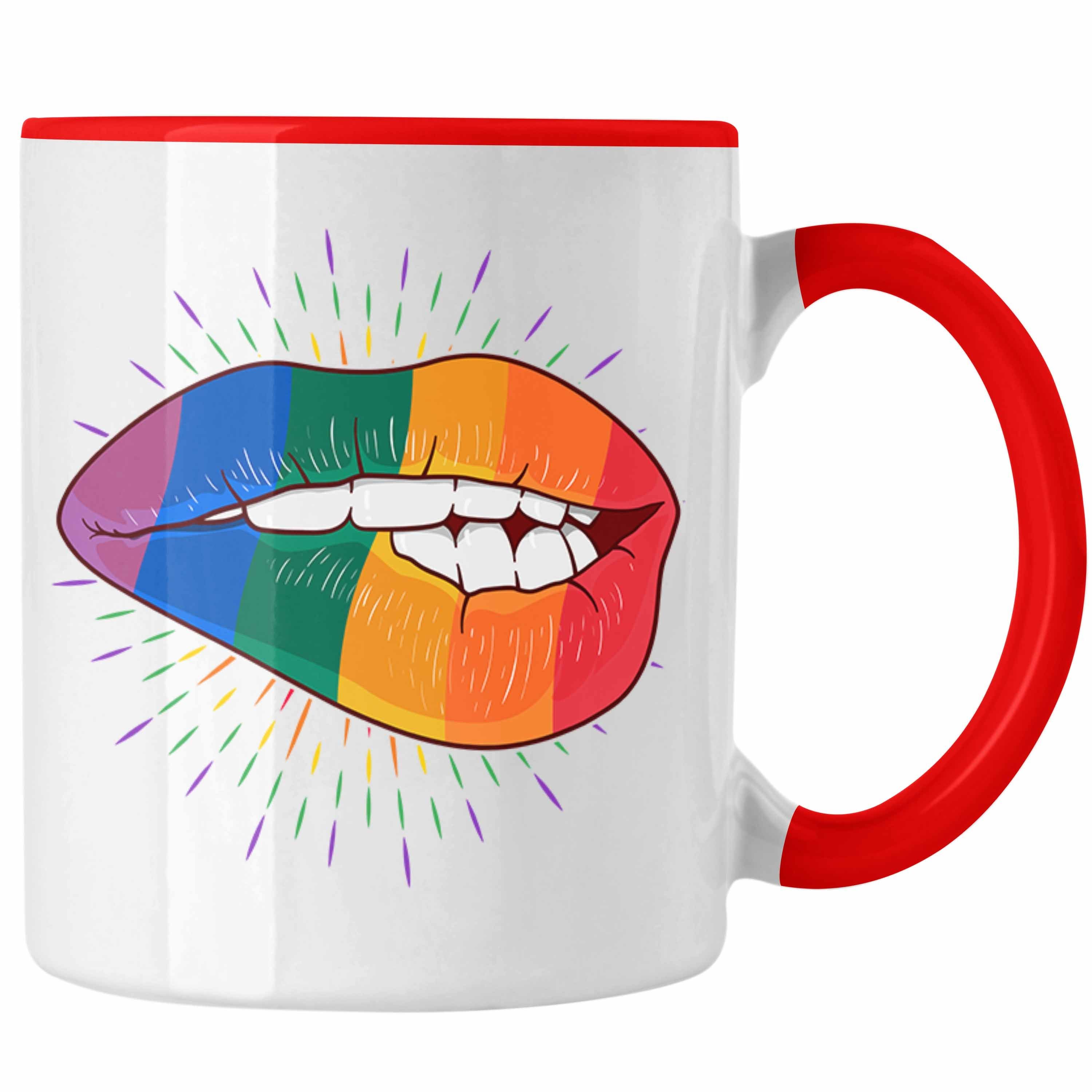 Trendation Tasse Trendation - LGBT Tasse Geschenk für Schwule Lesben Transgender Regenbogen Lustige Grafik Regenbogen Bunte Lippe Rot