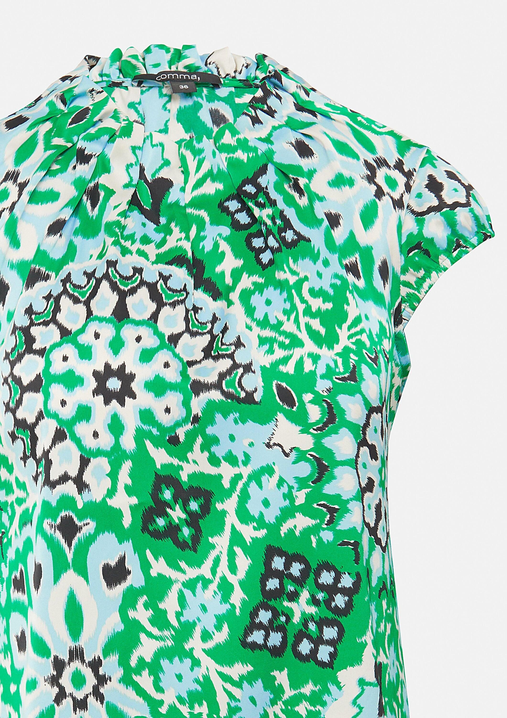 comma Kurzarmbluse Bluse Satinbluse mit Raffung und All-Over Print