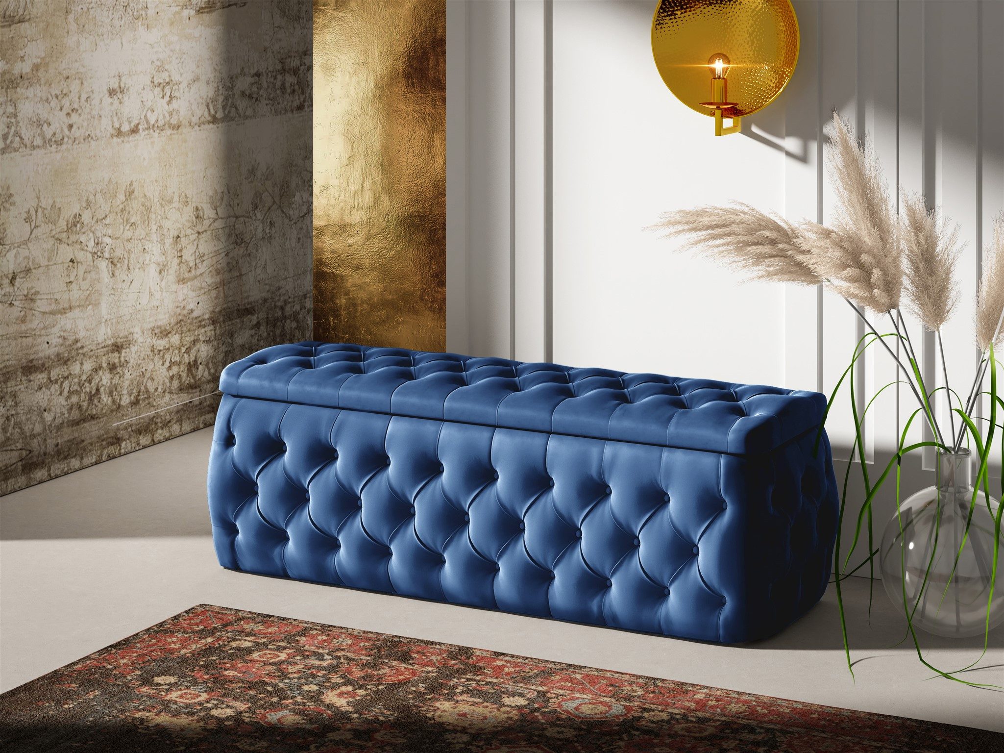 Fun Möbel Boxbett Schlafzimmerbett ERNESTO Nr.4 in Stoff Elisa Velvet (inkl. Topper, inkl. Bettkästen), inkl. 2 x Nachttisch mit Glasplatte, Polsterhocker und LED-Beleuchtung