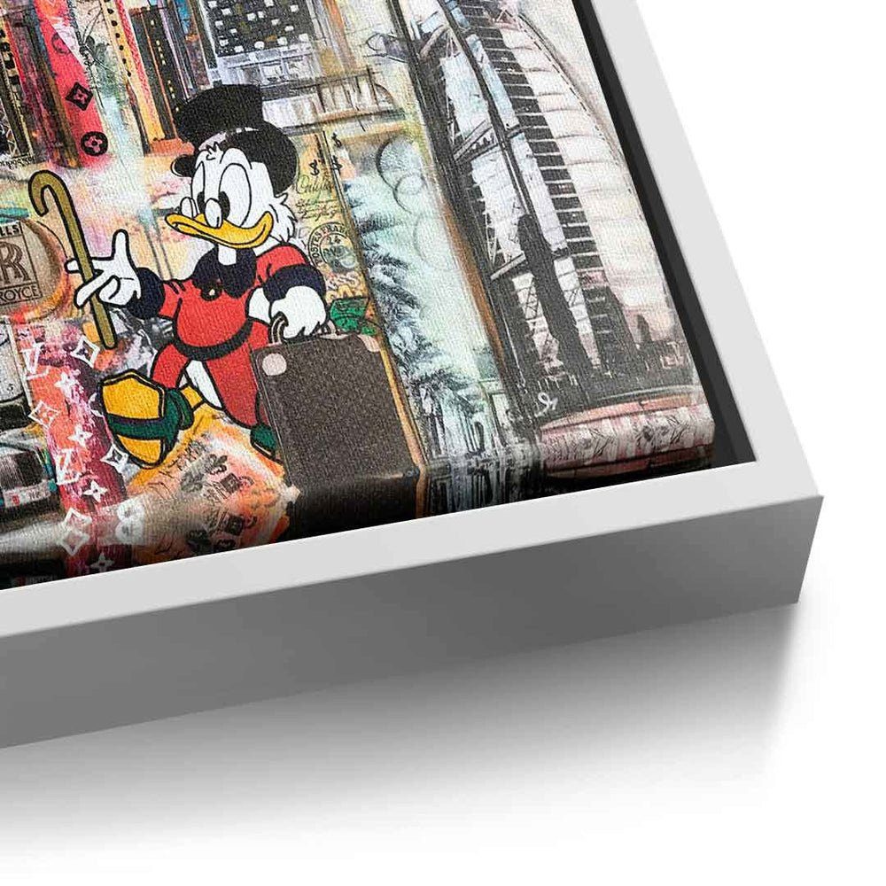 Leinwandbild Art quer Leinwandbild Dagobert Dubai, Dubai Comic Skyline weißer Rahmen Duck Collage DOTCOMCANVAS® in Pop Dagobert