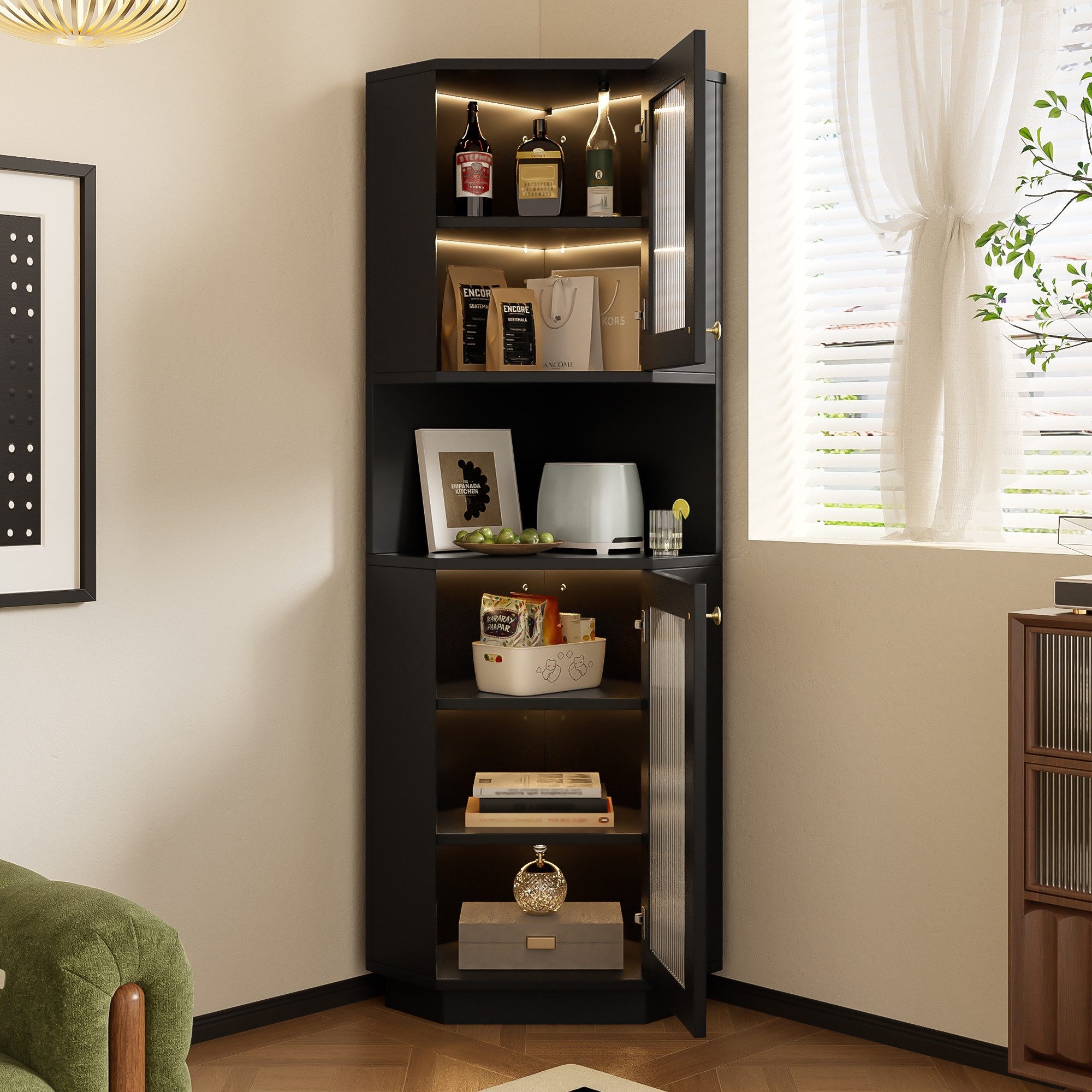 BlingBin Eckschrank Feuchtigkeitsbeständiger Bad-Eckschrank mit Lichtleiste (1er Set, 1-St., 45 × 45 × 166,5 cm) zwei Ablagefächer und offene Fächer mit verstellbaren Einlegeböden