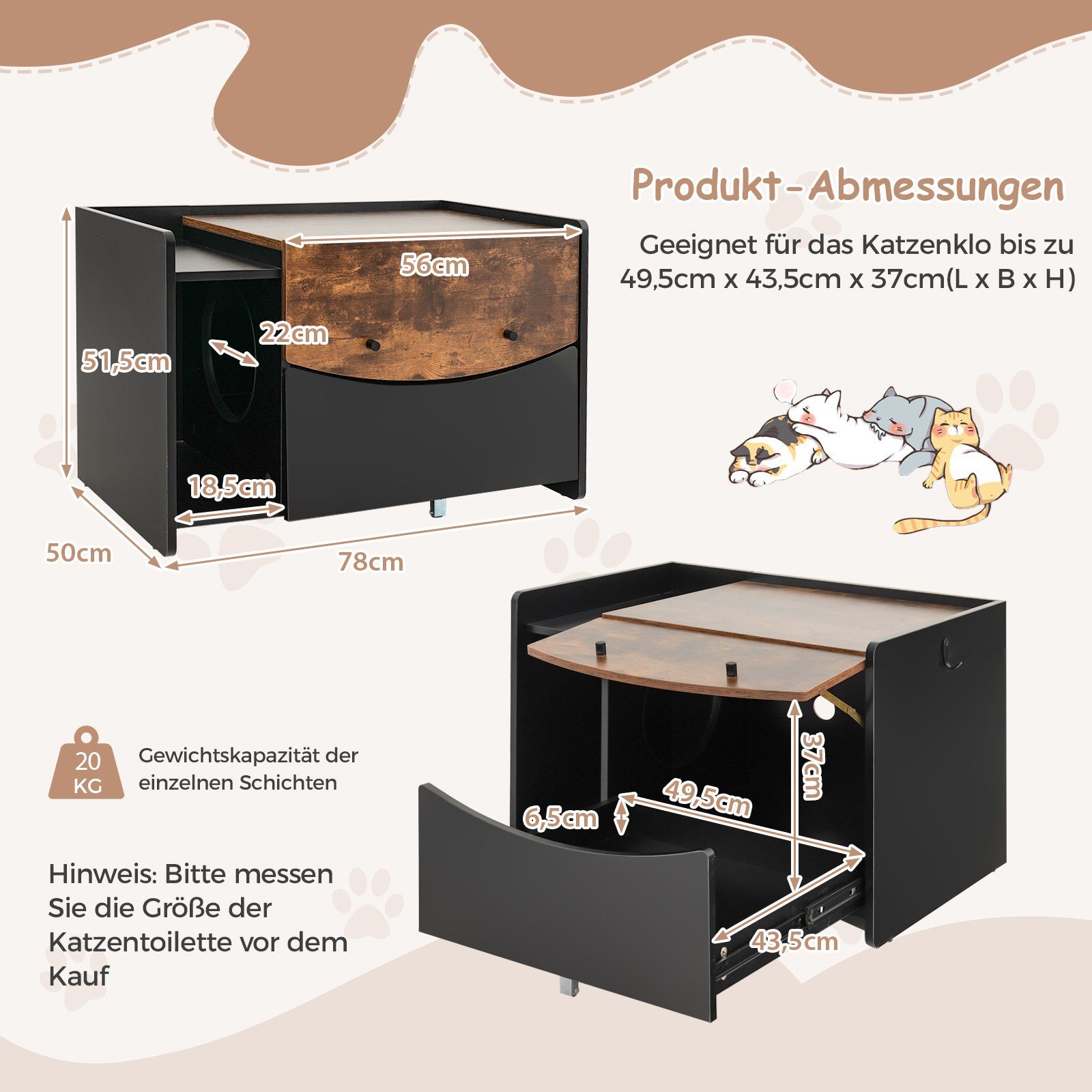 Katzenhaus Mit Klapptür & Erhöhtem Boden Katzenklo Schrank Aus Pp Katzentoilette Schwarz