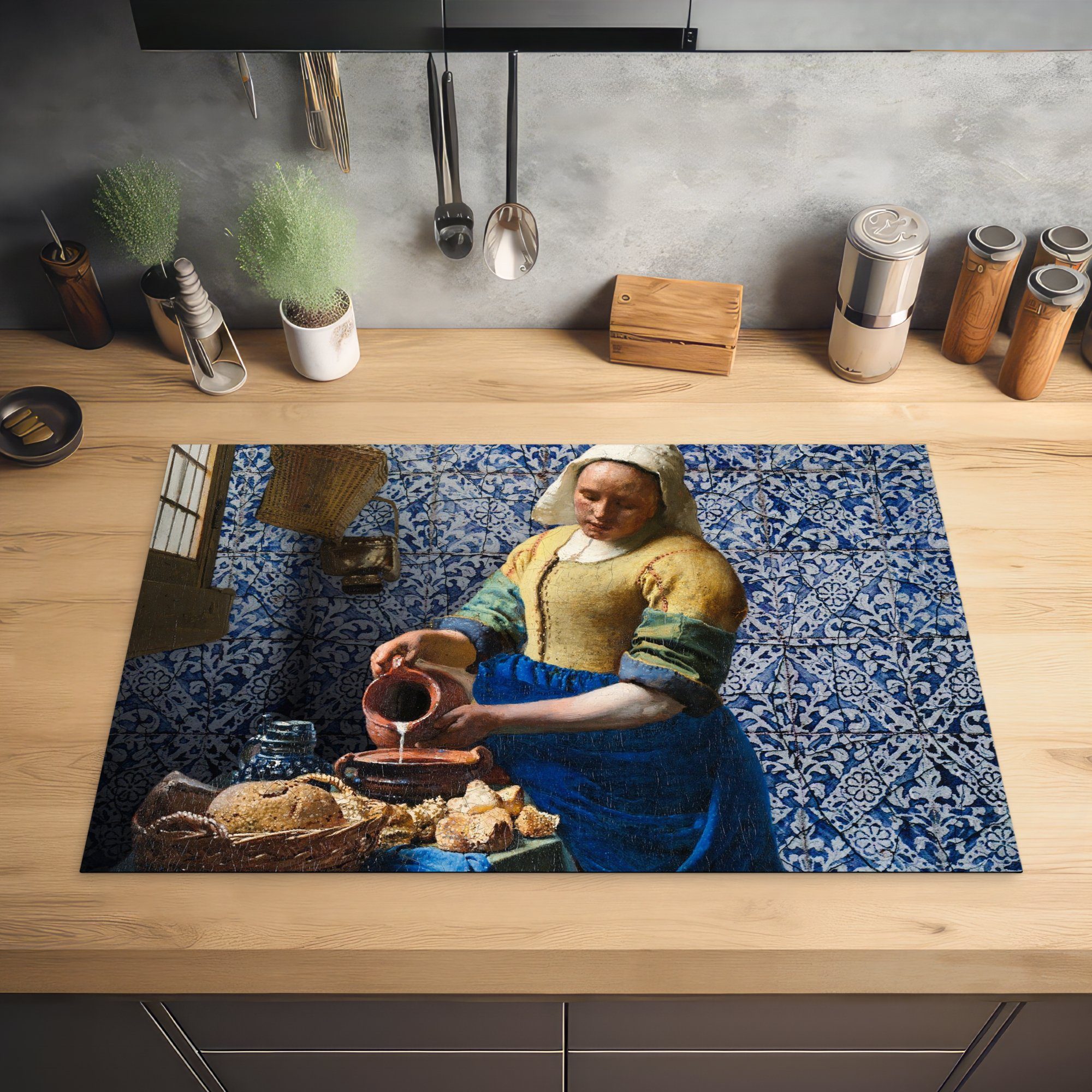 Blau die Delfter cm, - - küche, für Vermeer Meister, Vinyl, Alte Herdblende-/Abdeckplatte 81x52 Induktionskochfeld Milchmädchen tlg), (1 - Schutz MuchoWow Ceranfeldabdeckung Gemälde -