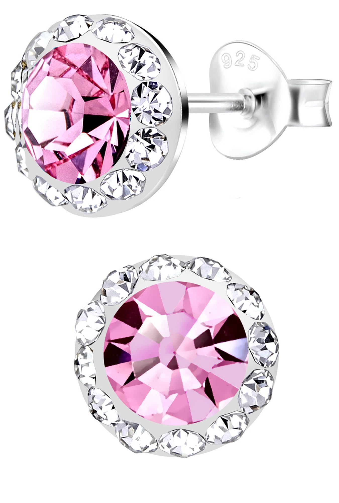Limana Paar Ohrstecker Damen Mädchen runde Ohrringe 8mm 925 Silber pink Kristalle, Damenohrringe für jeden Tag Geschenk Geschenkidee