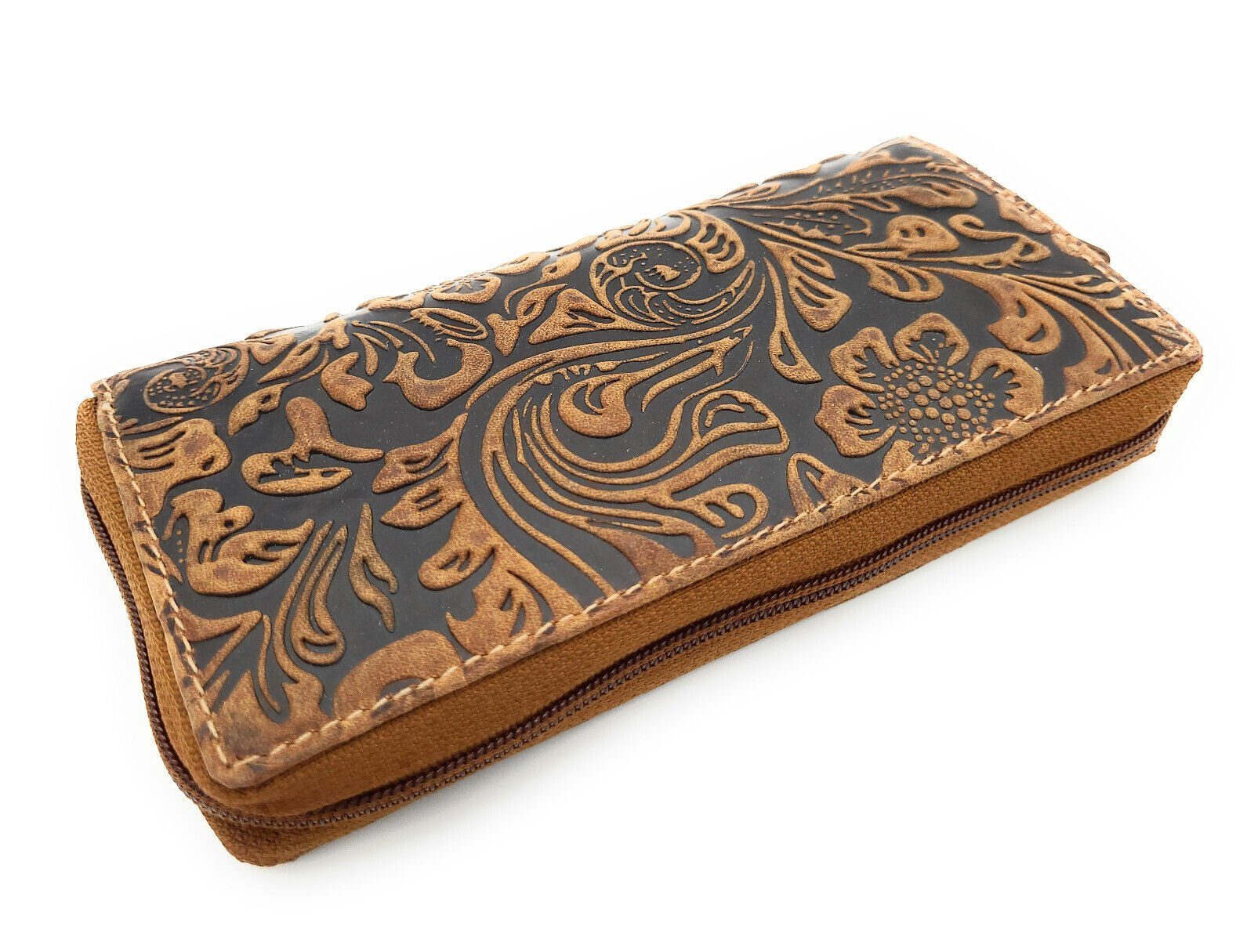JOCKEY CLUB Geldbörse echt Leder Damen Portemonnaie mit RFID Schutz "Liane", Reißverschluss Geldbeutel, florale Prägung, cognac braun