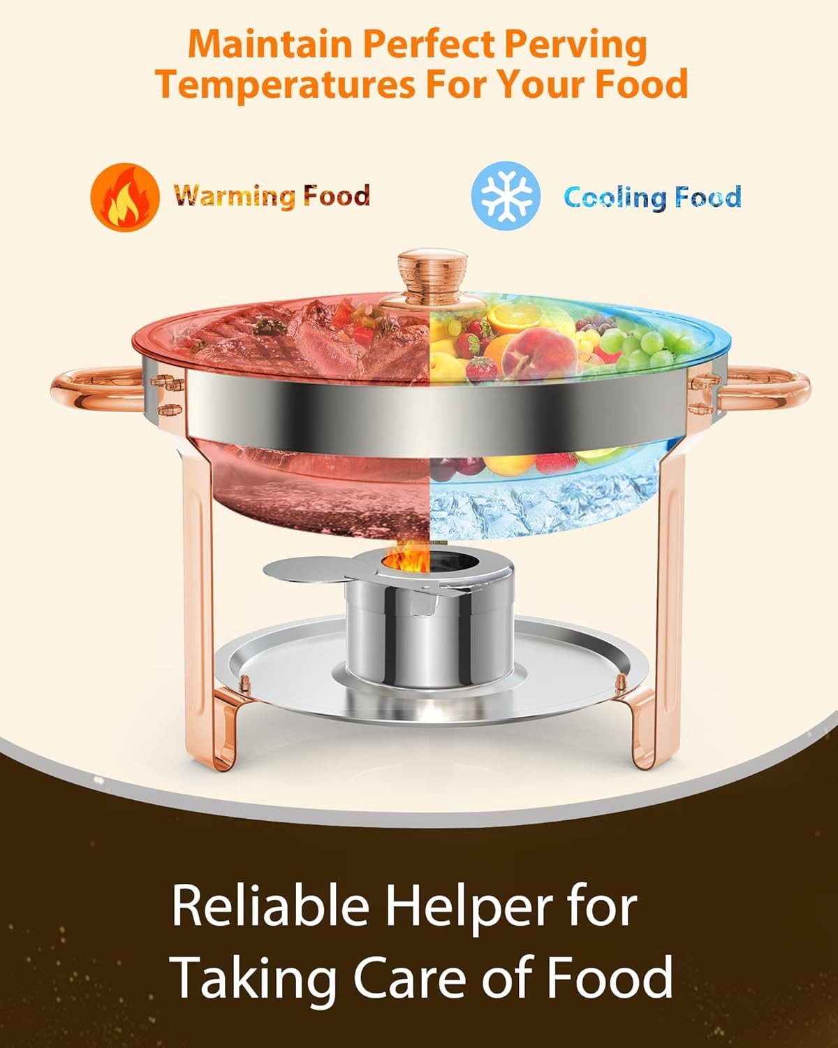 GarveeMore Speisenwärmer 5L runde Edelstahl-Chafing-Dishes und Warmhaltebehälter, (6-tlg), Speisenwärmer Roségold mit Glasdeckel für Catering,Partys,Abendessen – Bild 5 von 5