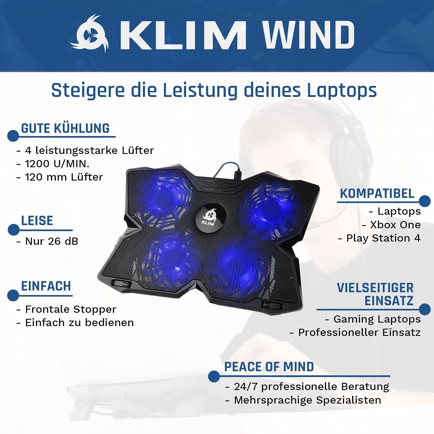 Laptop-Kühlpad – Notebook-Kühler schnelle Wind, der Kühlventilator leistungsstärkste KLIM Blau