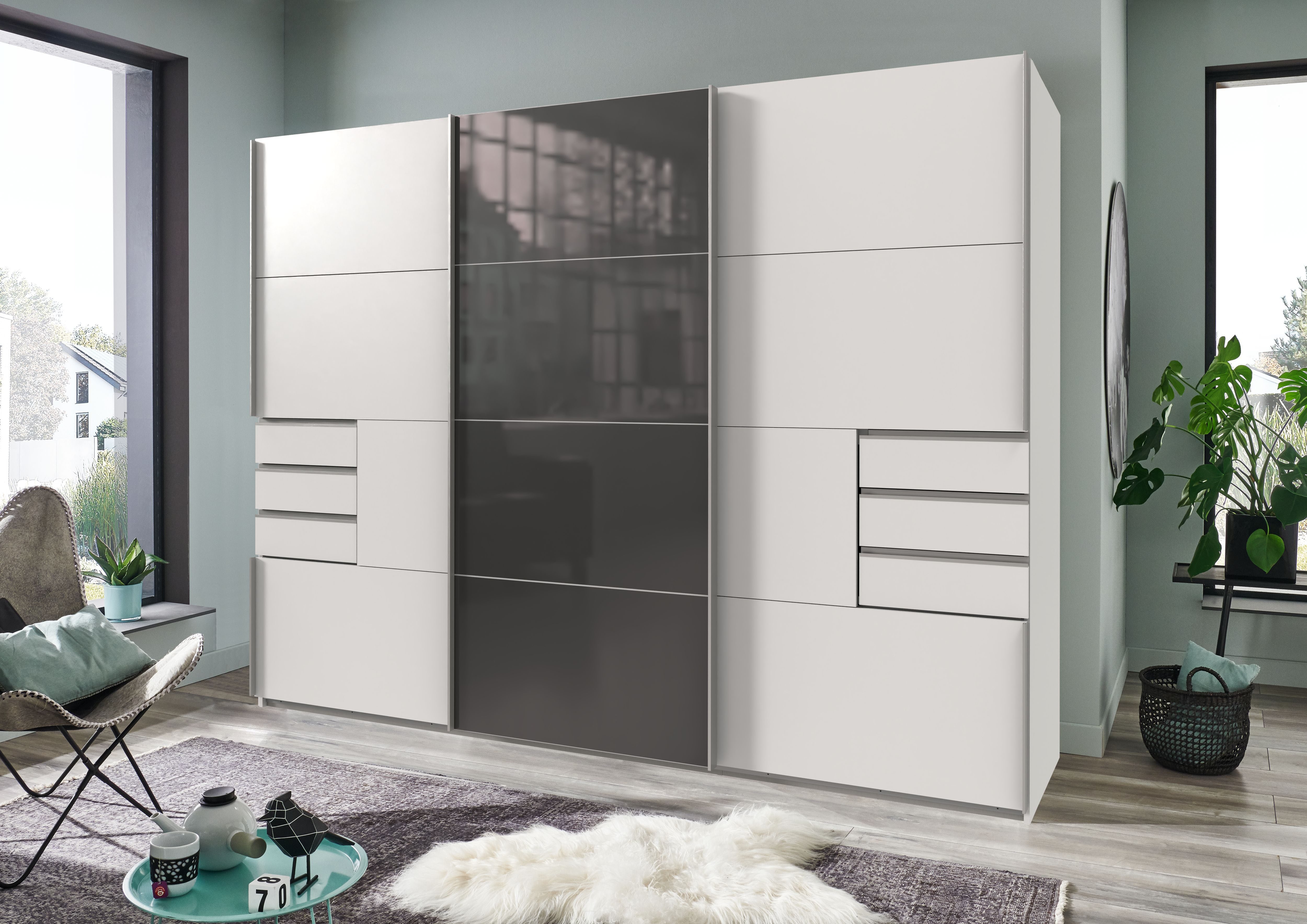 Wimex Schwebetürenschrank Schwebetürenschrank Saigon mit Glaselementen, 3 Türen, 270cm breit