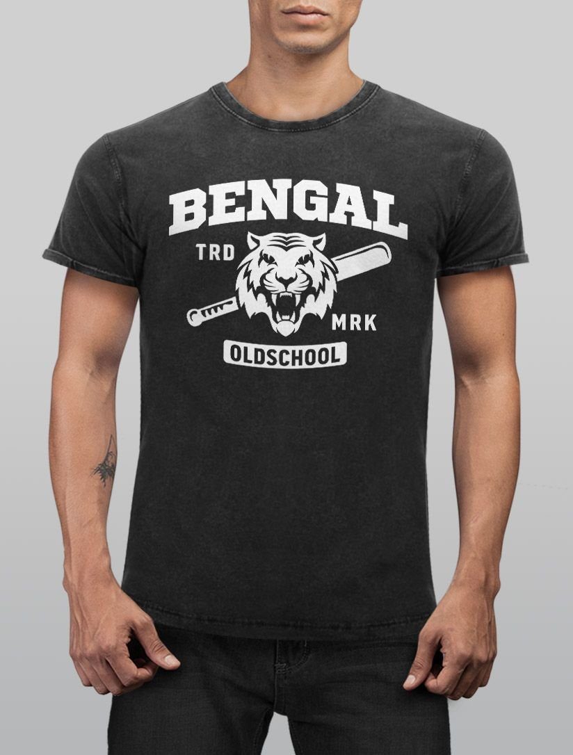 Look Herren Print Vintage Aufdruck Baseball Neverless Shirt Slim mit Neverless® Used Bengal Printshirt Tiger schwarz T-Shirt Fit Print-Shirt USA Sport