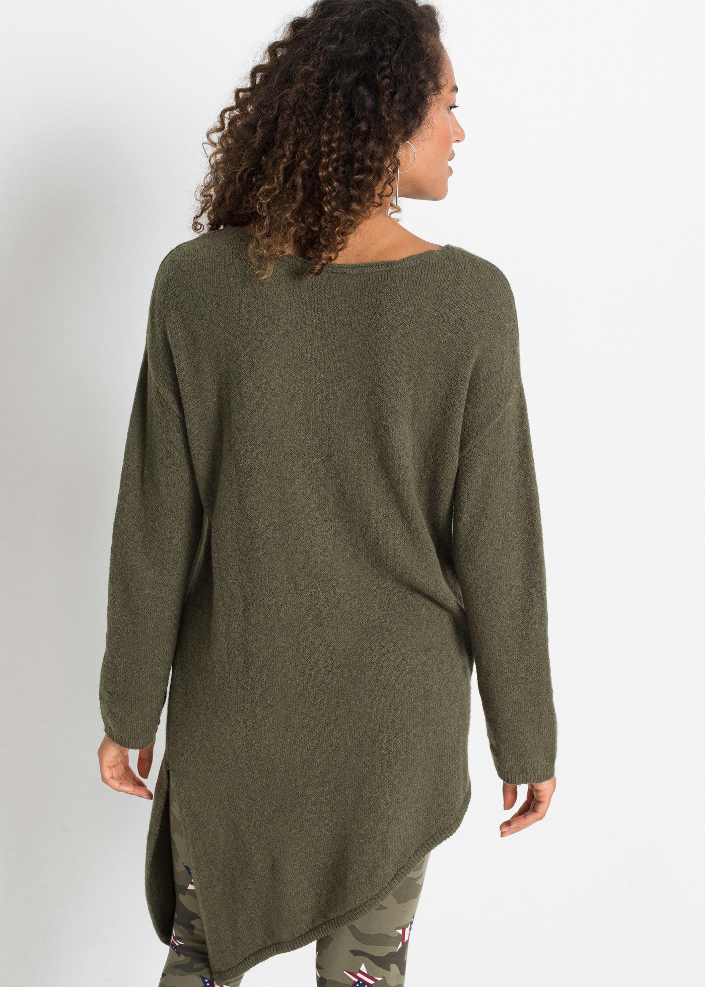 bonprix Strickpullover mit asymmetrischem Saum, Oversized Passform, tiefer V-Ausschnitt