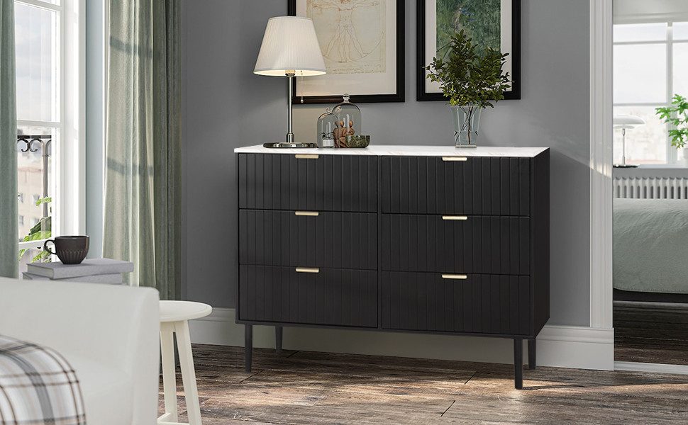 UEV Kommode mit 6 Schubladen Sideboard TV Board für Wohnzimmer,Schlafzimmer (Schrank mit Füße/Metallgriffe, Aufbewahrungsschrank viel Stauraum Highboard Schmal Buffet modern), 100 x 34 x 75cm, marmorfarbrig Mehrzweckschrank aus Holz für Büro Flur