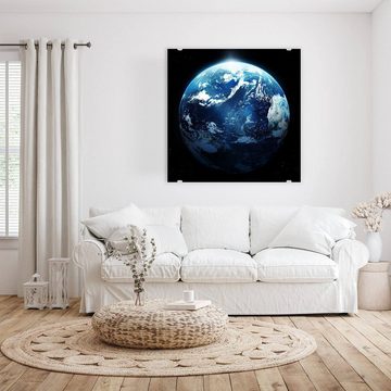 Primedeco Glasbild Wandbild Quadratisch Planet Erde im Sonnenaufgang mit Aufhängung, Weltall