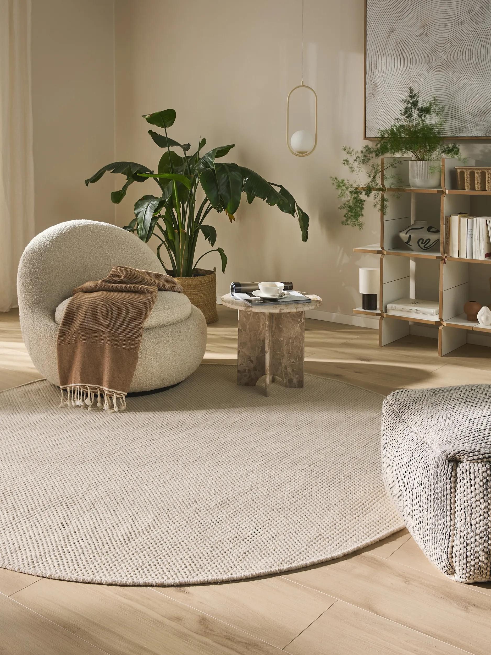 benuta Wollteppich Rocco, rund, Höhe: 5 mm, Teppich Wohnzimmer, Schlafzimmer, Esszimmer, Flur, Kunstfaser, Cozy