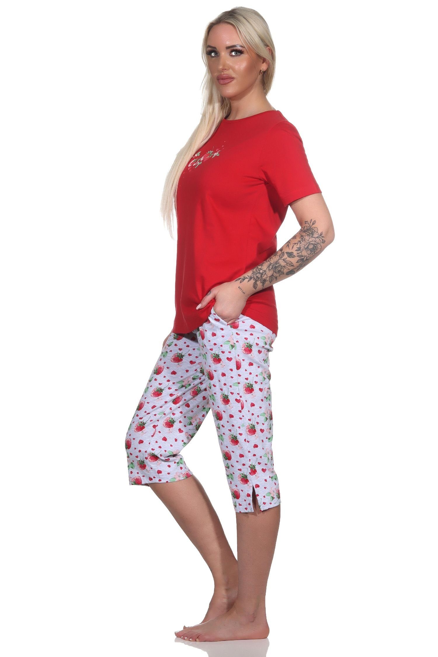 mit als kurzarm rot Süsser Damen Erdbeeren Motiv Normann Pyjama Schlafanzug Capri