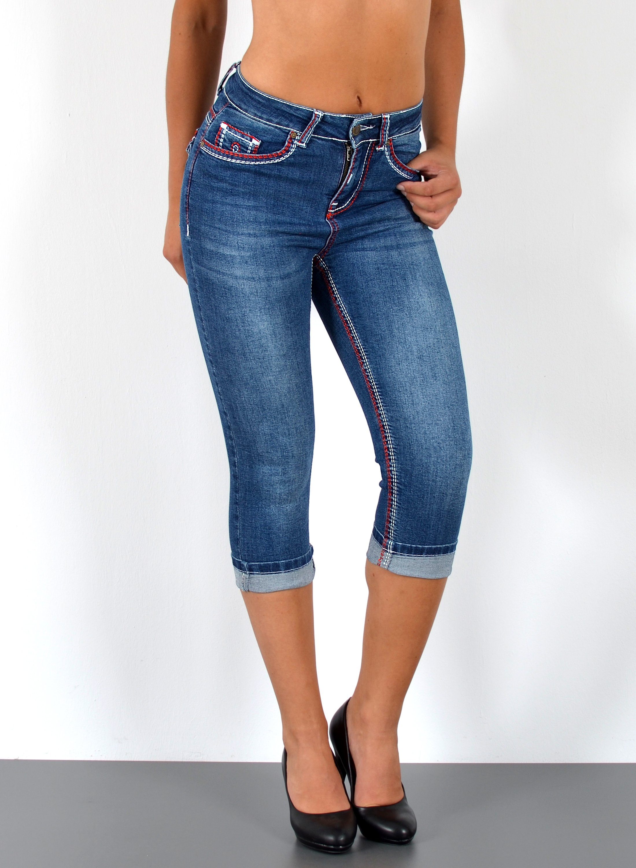 ESRA Caprijeans 3/4 Capri Jeans Damen High Waist weiße Naht Jeans Kontrastn günstig online kaufen
