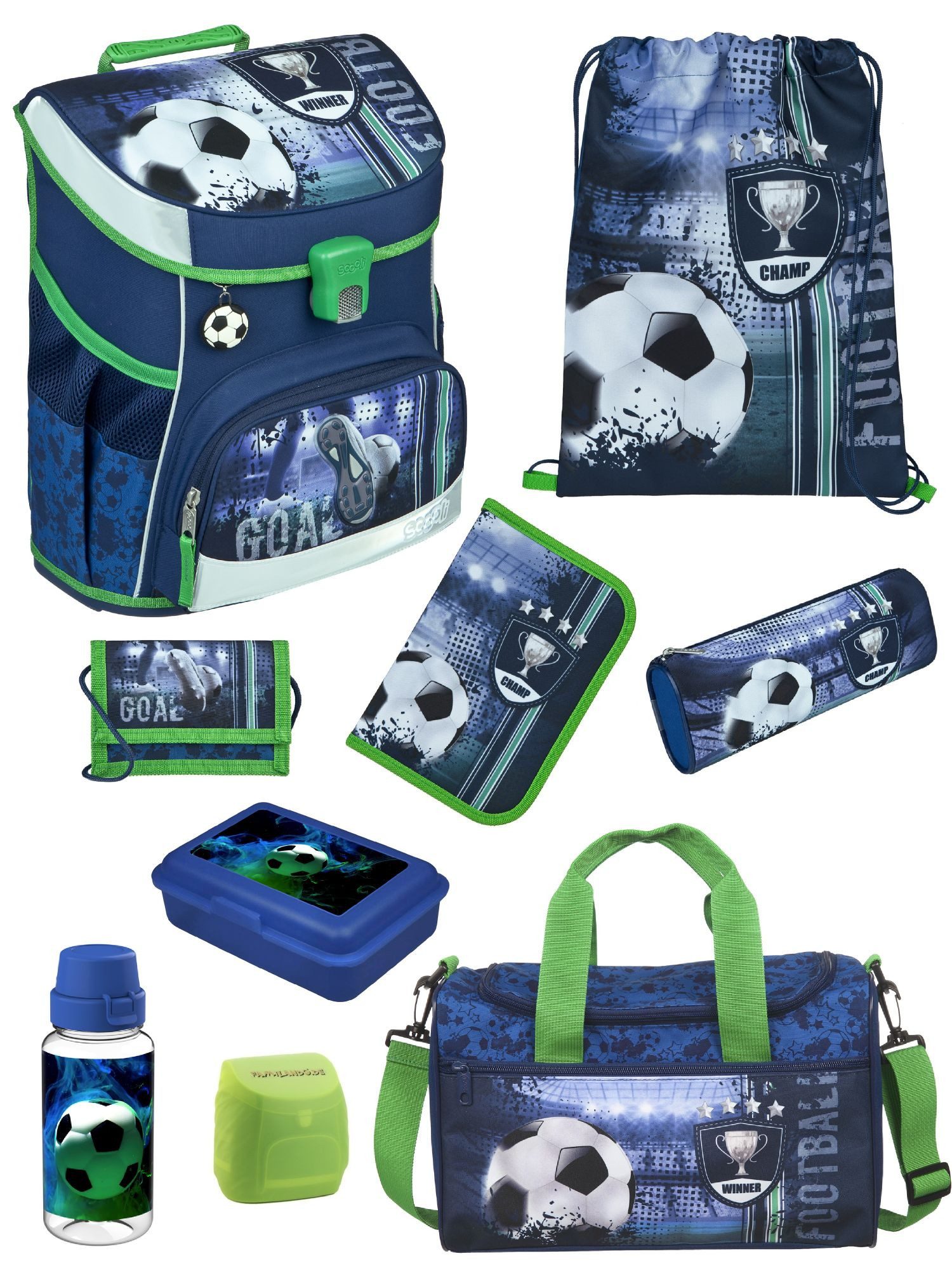 Scooli Schulranzen Campus Fit Fussball Schultasche, Soccer blau, ab 1. Klasse (Erweitertes Set, 9-tlg., mit Lunch-Set und Sporttasche), mit Brustgurt, 980 Gramm leicht, 18L Volumen