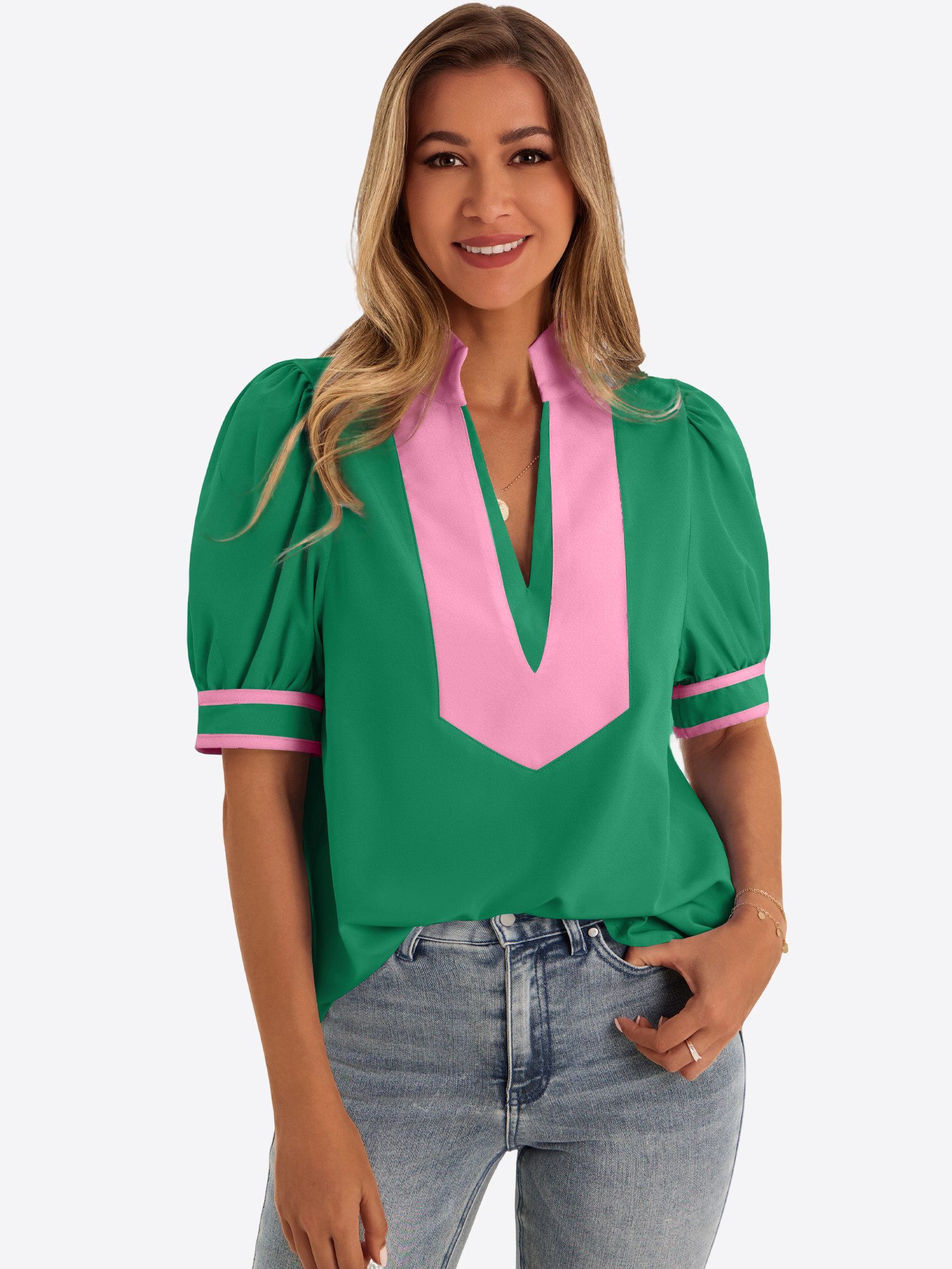 Imily Bela T-Shirt Damen Puffarmbluse mit V-Ausschnitt (Packung, 1-tlg., 1per-Pack) kontrastfarben