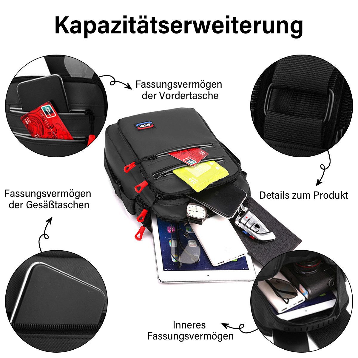 MOPUEA Umhängetasche Herren Multifunktionale Schultertasche mit Großer Kapazität (Kompatibel mit stilvollen minimalistischen, Brusttasche für Radfahren und Arbeit, 1-tlg., Multifunktionale Schultertasche mit Großer Kapazität), Umhängetasche mit Vielen Taschen Herren, Wasserdicht Schultertasche