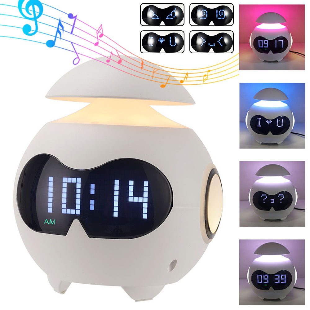 MUPOO LED Nachtlicht Tischleuchte Bluetooth RGB Emotion Tageslichtwecker Tischlampen, Kann Ausdrücke ändern,Lichter Musik synchronisiert, LED Nachttischlampe Clock Wecker für Schlafzimmer und Wohnzimmer