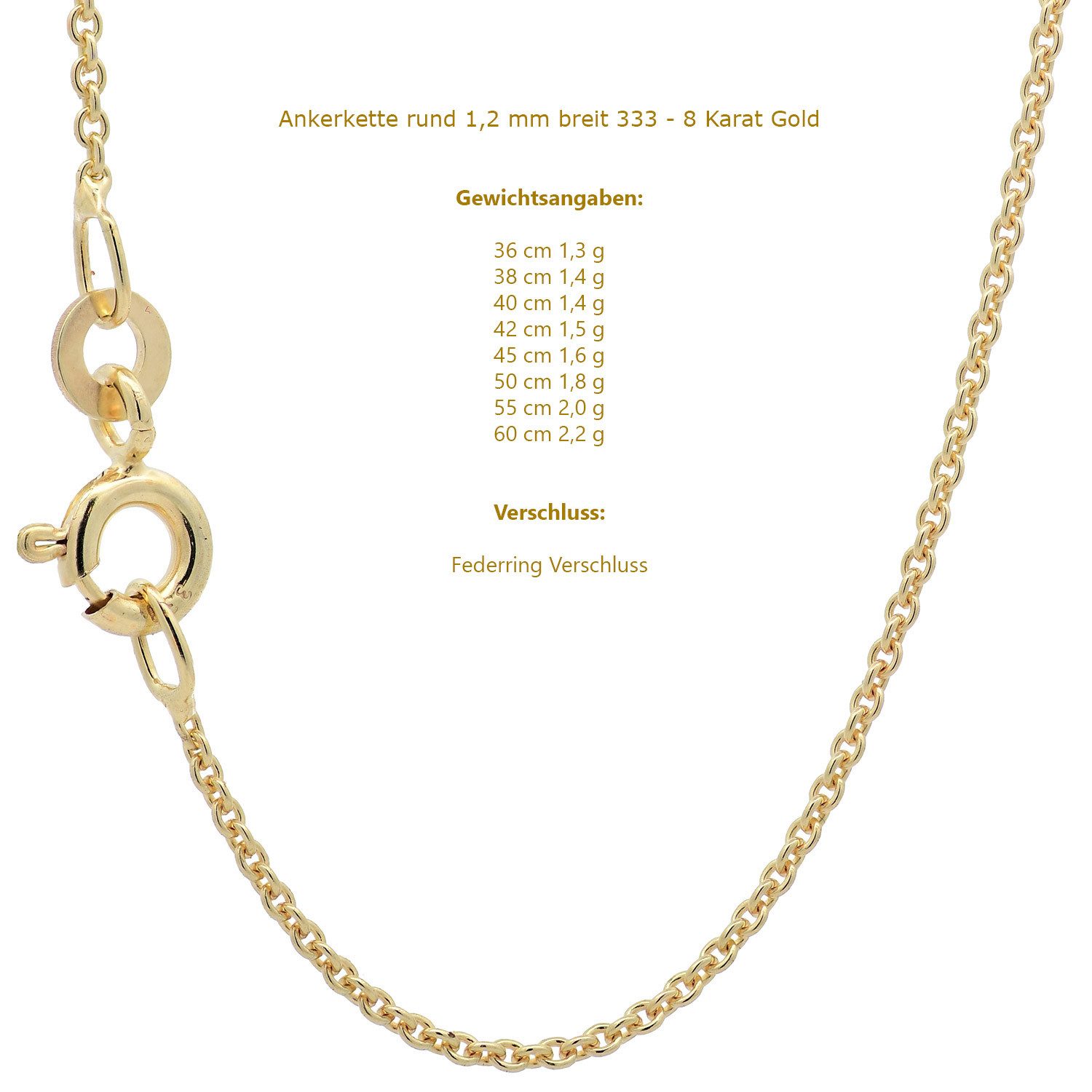 HOPLO Goldkette Goldkette Ankerkette Halskette Breite 1,1 mm 36 cm 333 - 8 Karat Gold, Made in Germany – Bild 2 von 5