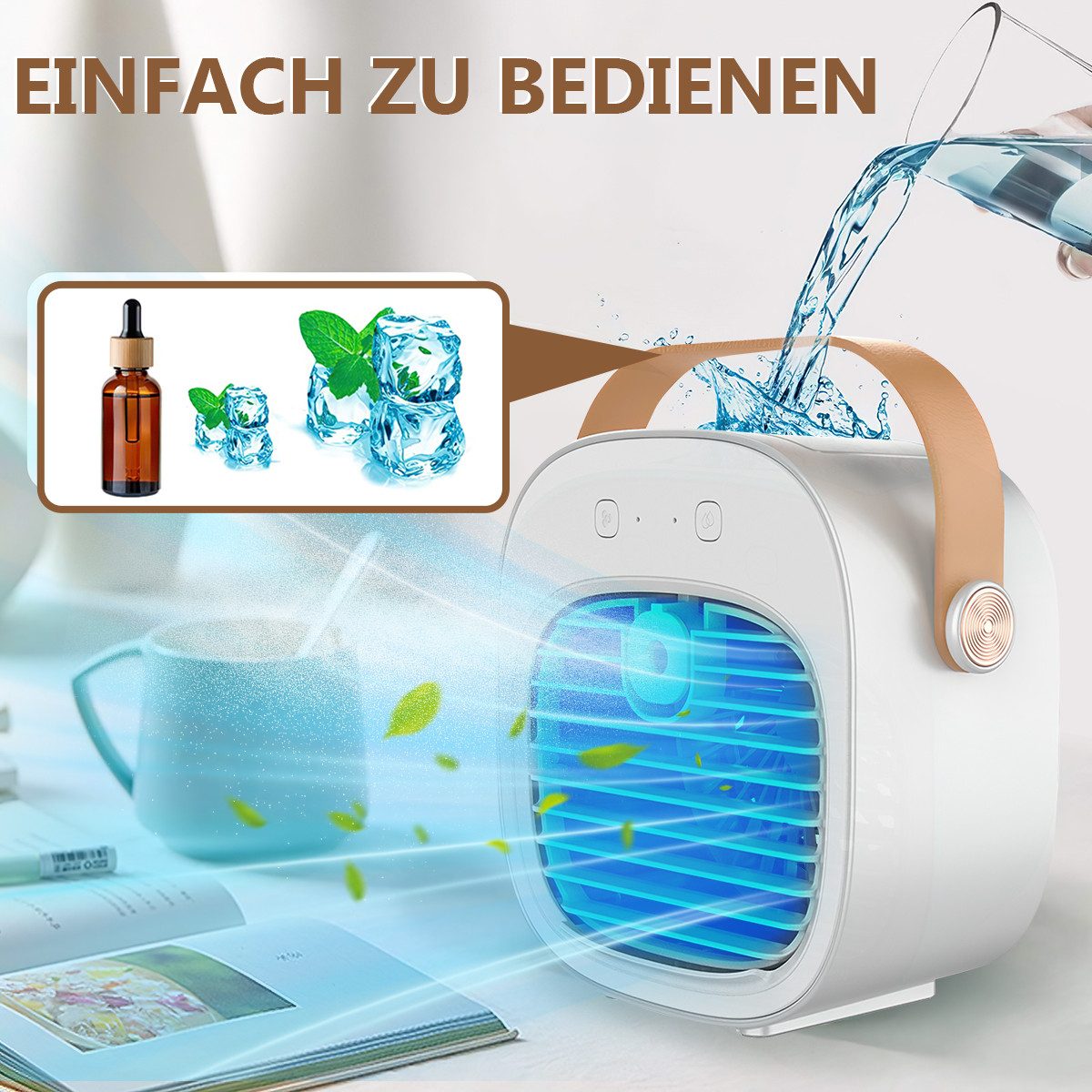 MOPUEA Ventilatorkombigerät Tischventilator Luftbefeuchter Klimagerät Ventilator mini Klimaanlage, Starker Lüfter, Tragbar leise 4000mAh, Befeuchtung für Büro, Zuhause