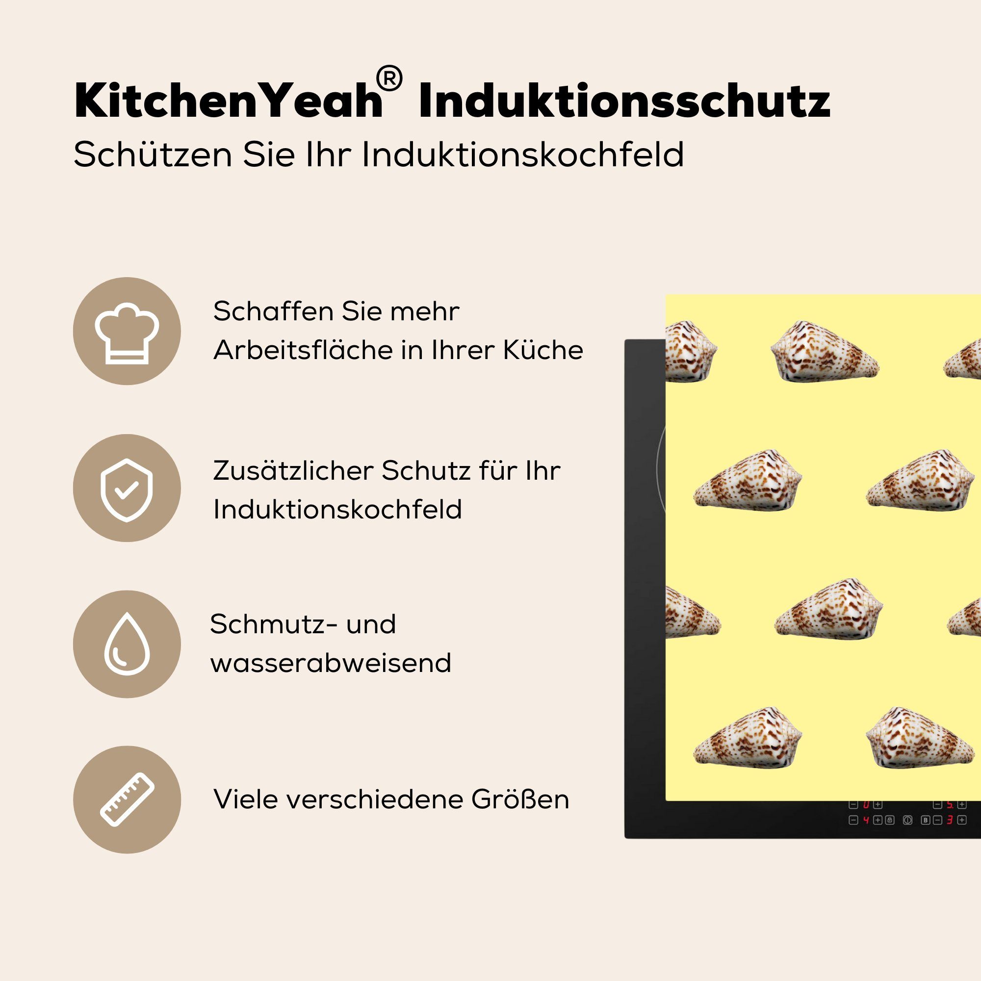 MuchoWow Herdblende-/Abdeckplatte Muscheln - für Arbeitsplatte Gelb küche Sommer, (1 Ceranfeldabdeckung, tlg), 78x78 cm, - - Vinyl, Muster