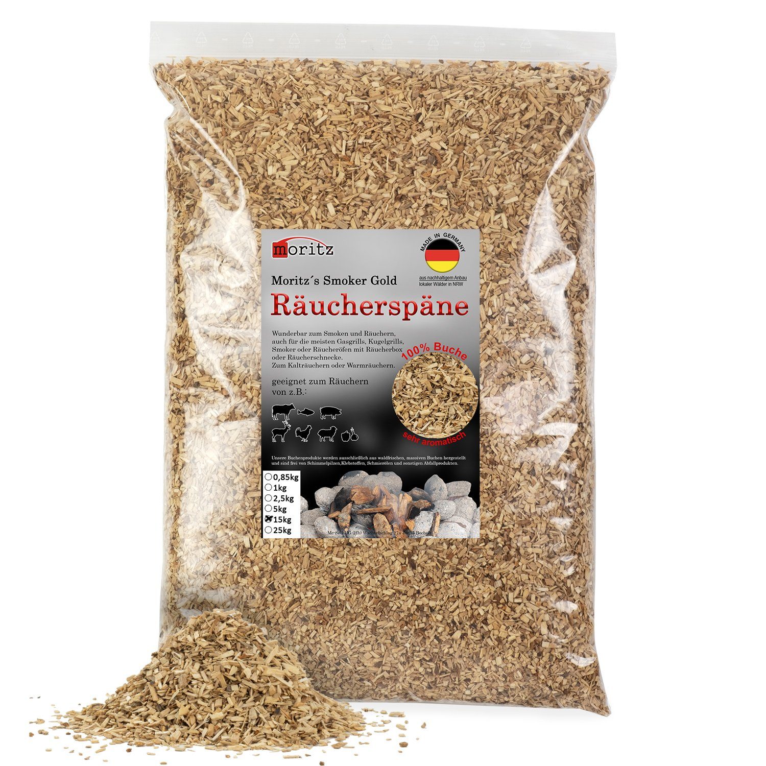 Moritz Räucherbox 15kg Räucherspäne Buche fein 0,75 -2 mm zum smoken, räuchern/kalträuchern von Fleisch, Fisch, Gemüse geeignet