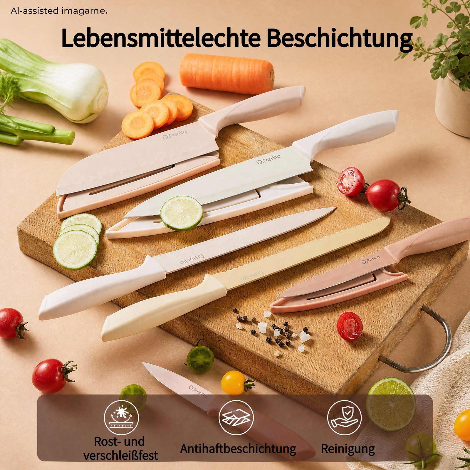 D.Perlla Messer-Set 6-teiliges Küchenmesserset, Edelstahl, mehrfarbig (Set, 6-tlg)