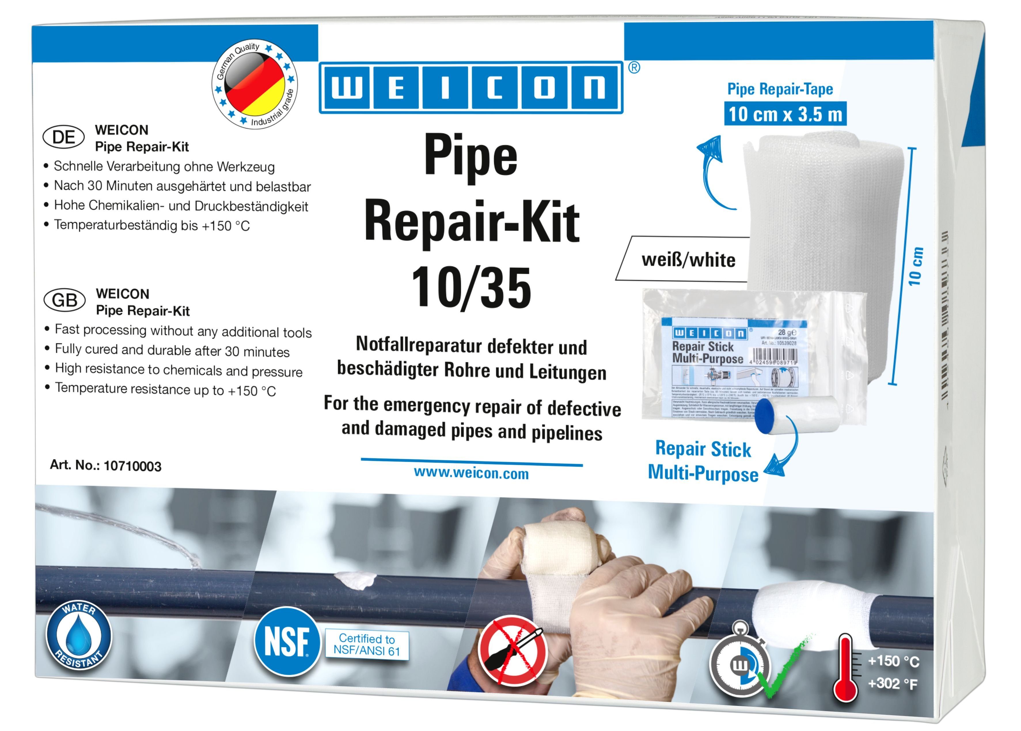 WEICON Reparatur-Set Pipe Repair-Kit, Notfall-Reparatur beschädigter Rohre und Leitungen 3,5 m x 10 cm