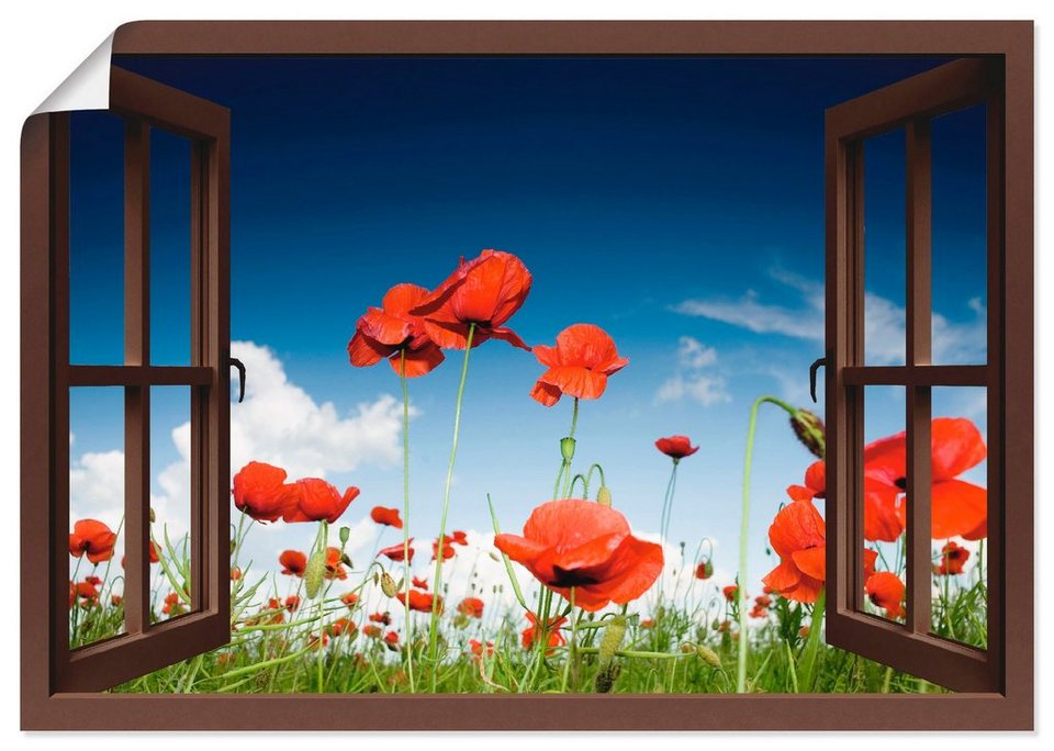 Artland Wandbild Fensterblick Feld mit Mohnblumen, Fensterblick (1 St), als  Leinwandbild, Wandaufkleber oder Poster in versch. Größen, Verschiedene  Größen & Produktarten