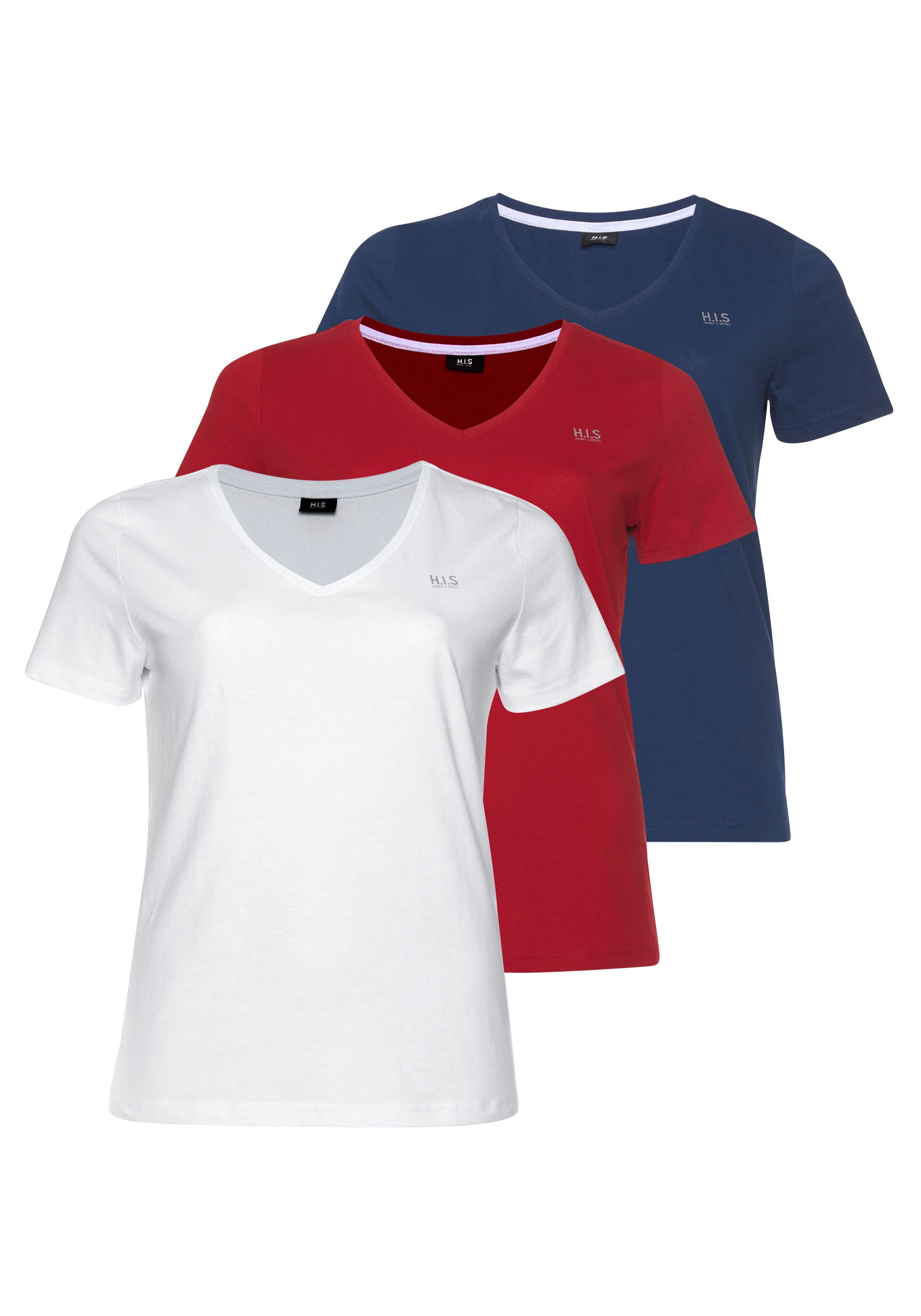 H.I.S 3er-Pack) weiß, marine, rot T-Shirt Große (Spar-Set, Größen Essential-Basics