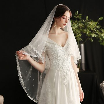 AUKUU Kopftuch Perlenbesetzter Perlenbesetzter Brautschleier Mittellanges, Hochzeitskleid mit weißer Perlenspitze und doppelter Tiara