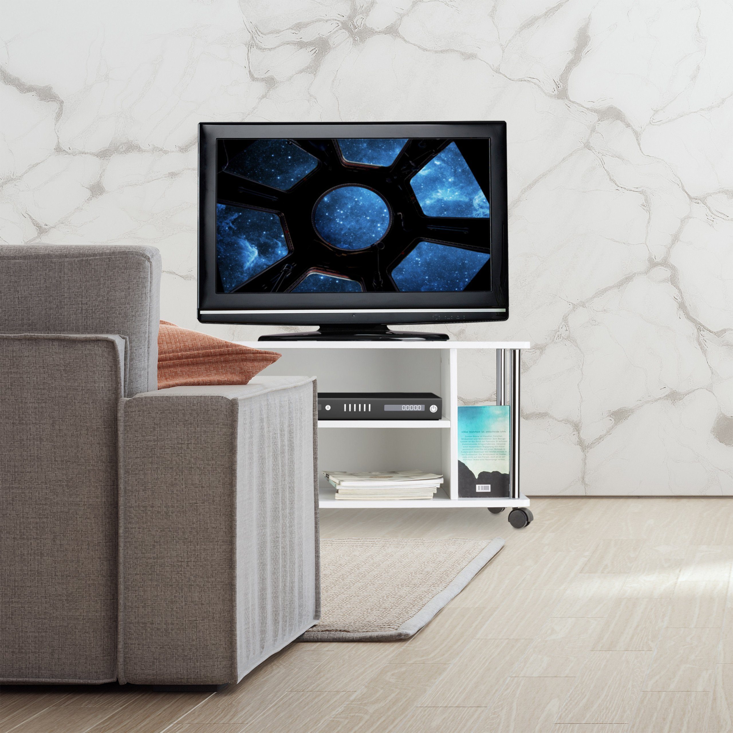 relaxdays TV-Regal Fernsehtisch weiß mit Rollen, 1-tlg. – Bild 3 von 5