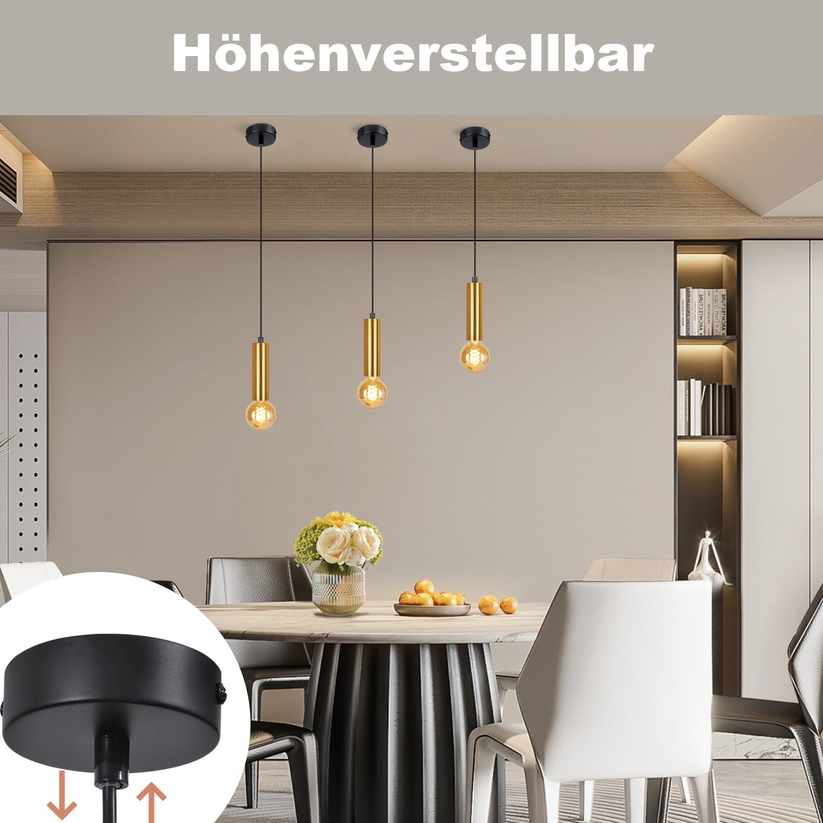 Nettlife Hängeleuchte Gold 1 Flammig Esszimmerlampe E27 Metall Industrial Pendelleuchte, Höhenverstellbar, ohne Leuchtmittel, Bettlampe Nachttisch Hängend Küche – Bild 2 von 5
