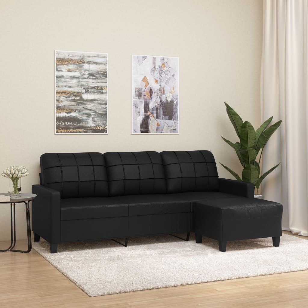 vidaXL Sofa 3-Sitzer-Sofa mit Hocker Schwarz 180 cm Kunstleder